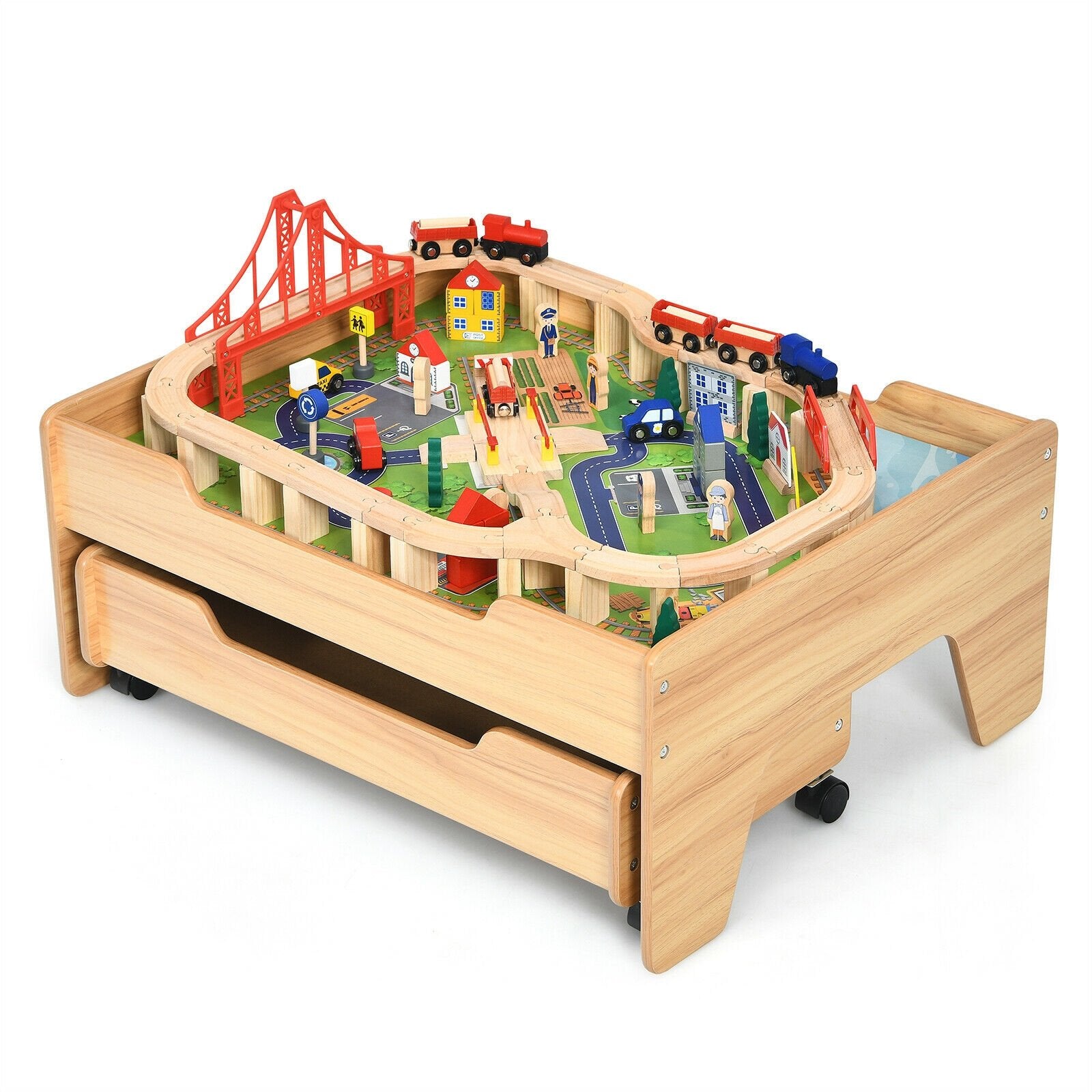 Children's Wooden Railway Set Table with 100 Pieces Storage Drawers, Natural Learning Toys   at Gallery Canada