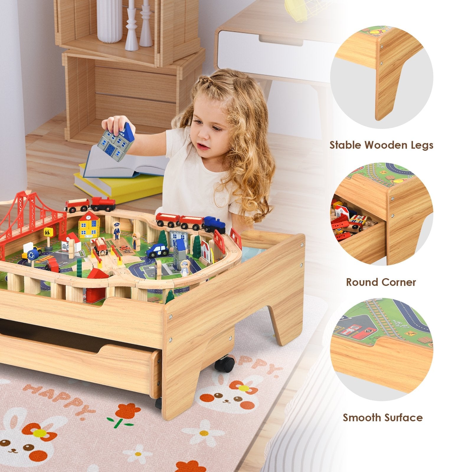 Children's Wooden Railway Set Table with 100 Pieces Storage Drawers, Natural Learning Toys   at Gallery Canada