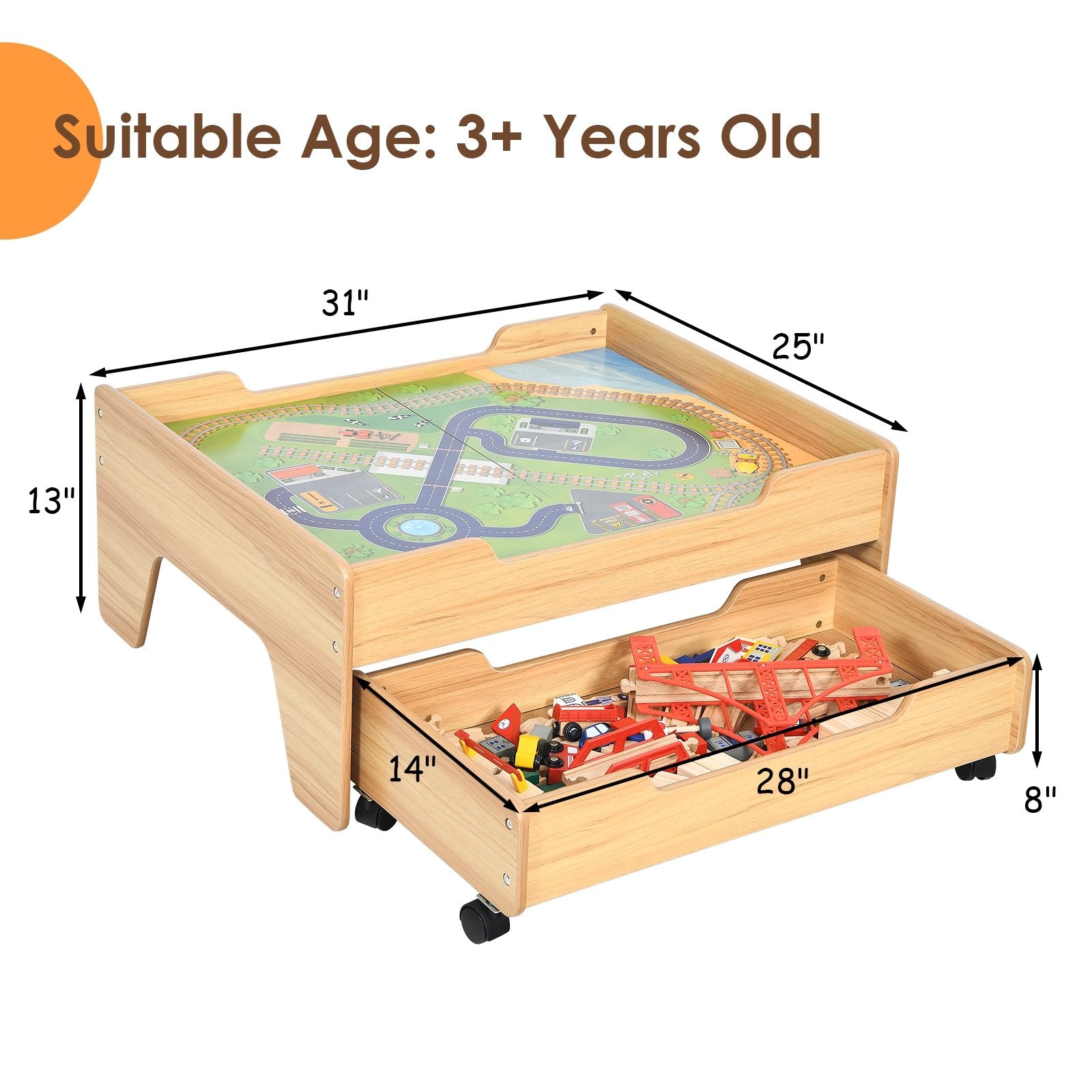 Children's Wooden Railway Set Table with 100 Pieces Storage Drawers, Natural Learning Toys   at Gallery Canada