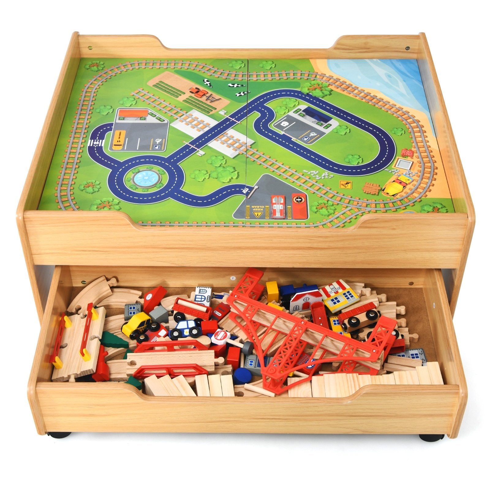 Children's Wooden Railway Set Table with 100 Pieces Storage Drawers, Natural Learning Toys   at Gallery Canada