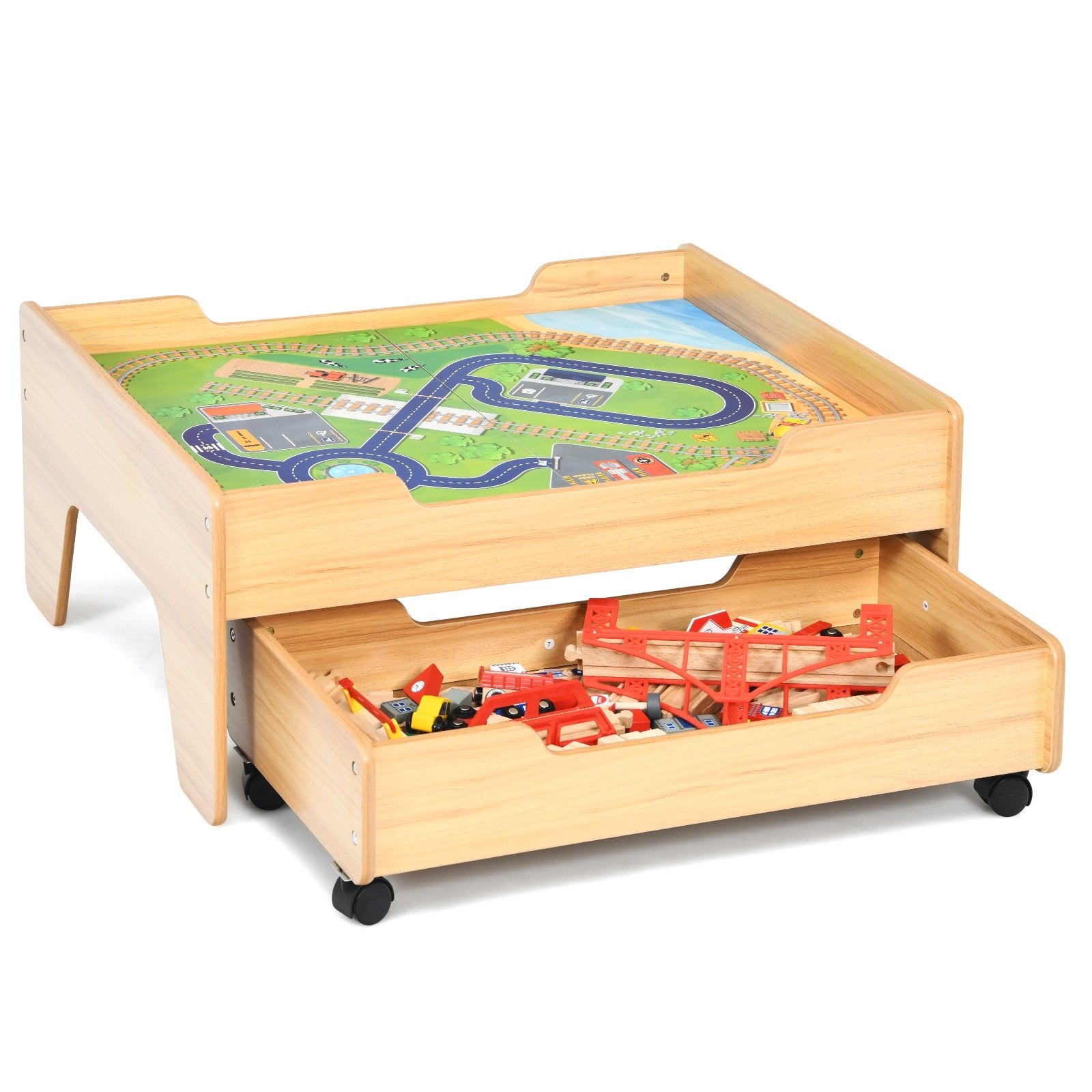 Children's Wooden Railway Set Table with 100 Pieces Storage Drawers, Natural Learning Toys   at Gallery Canada