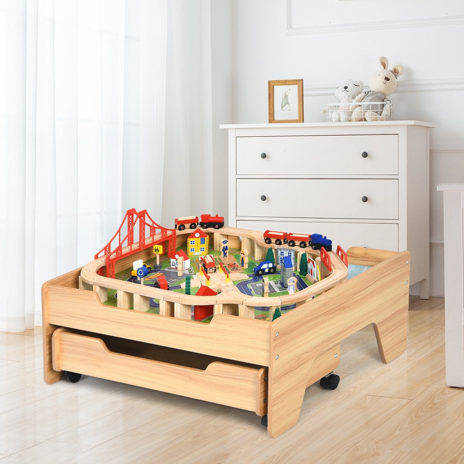 Children's Wooden Railway Set Table with 100 Pieces Storage Drawers, Natural Learning Toys   at Gallery Canada