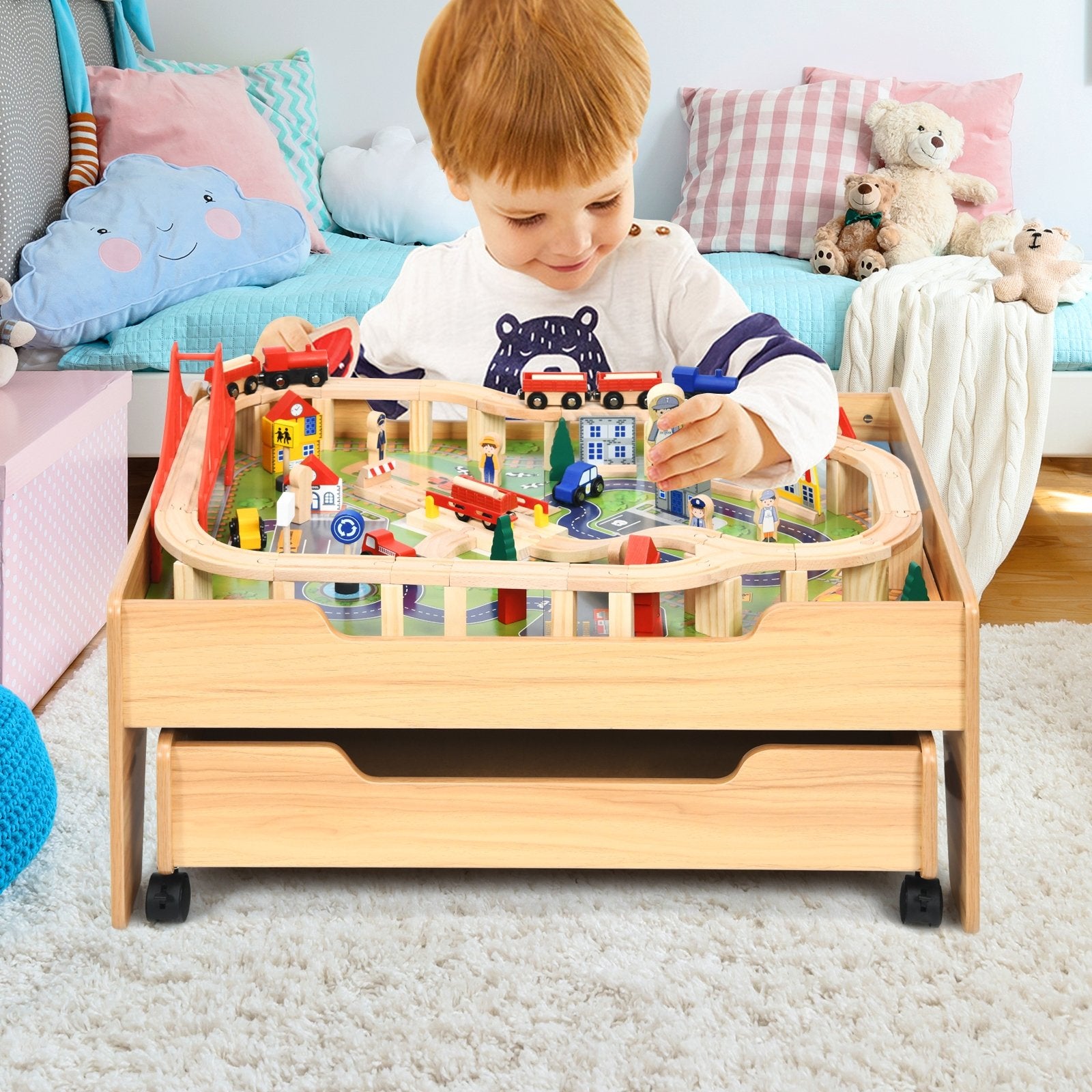 Children's Wooden Railway Set Table with 100 Pieces Storage Drawers, Natural Learning Toys   at Gallery Canada