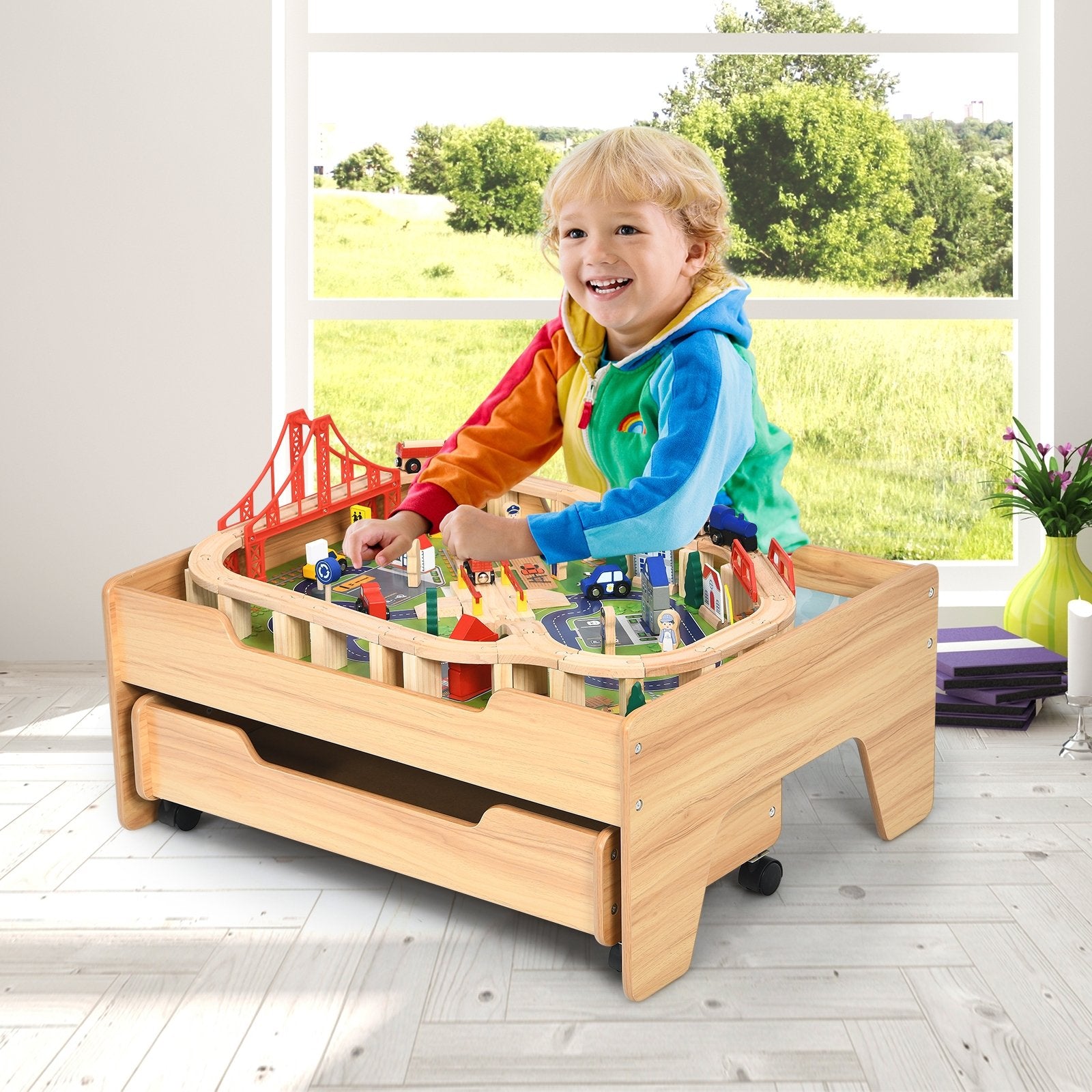 Children's Wooden Railway Set Table with 100 Pieces Storage Drawers, Natural Learning Toys   at Gallery Canada