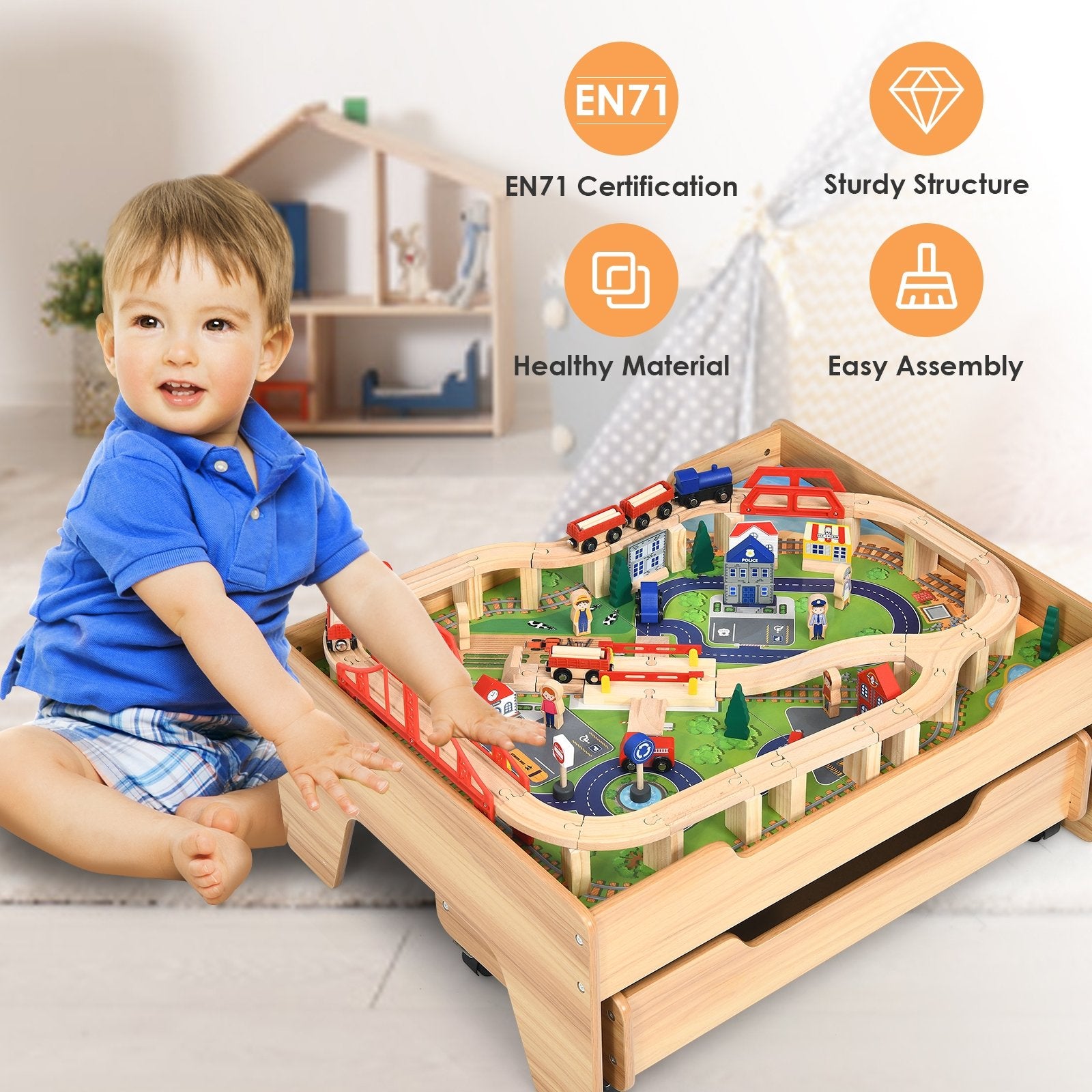 Children's Wooden Railway Set Table with 100 Pieces Storage Drawers, Natural Learning Toys   at Gallery Canada