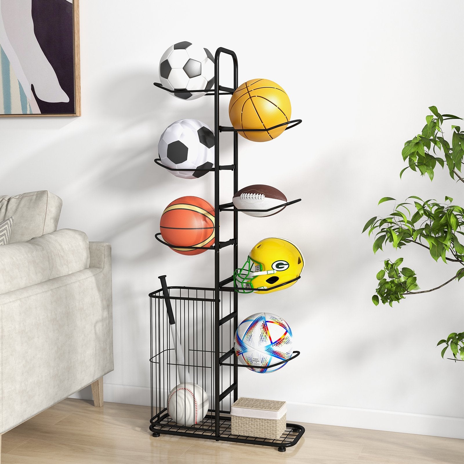 Metal Basketball Holder with 7 Removable Hanging Rods and Side Ball Basket, Black Sport Equipments   at Gallery Canada