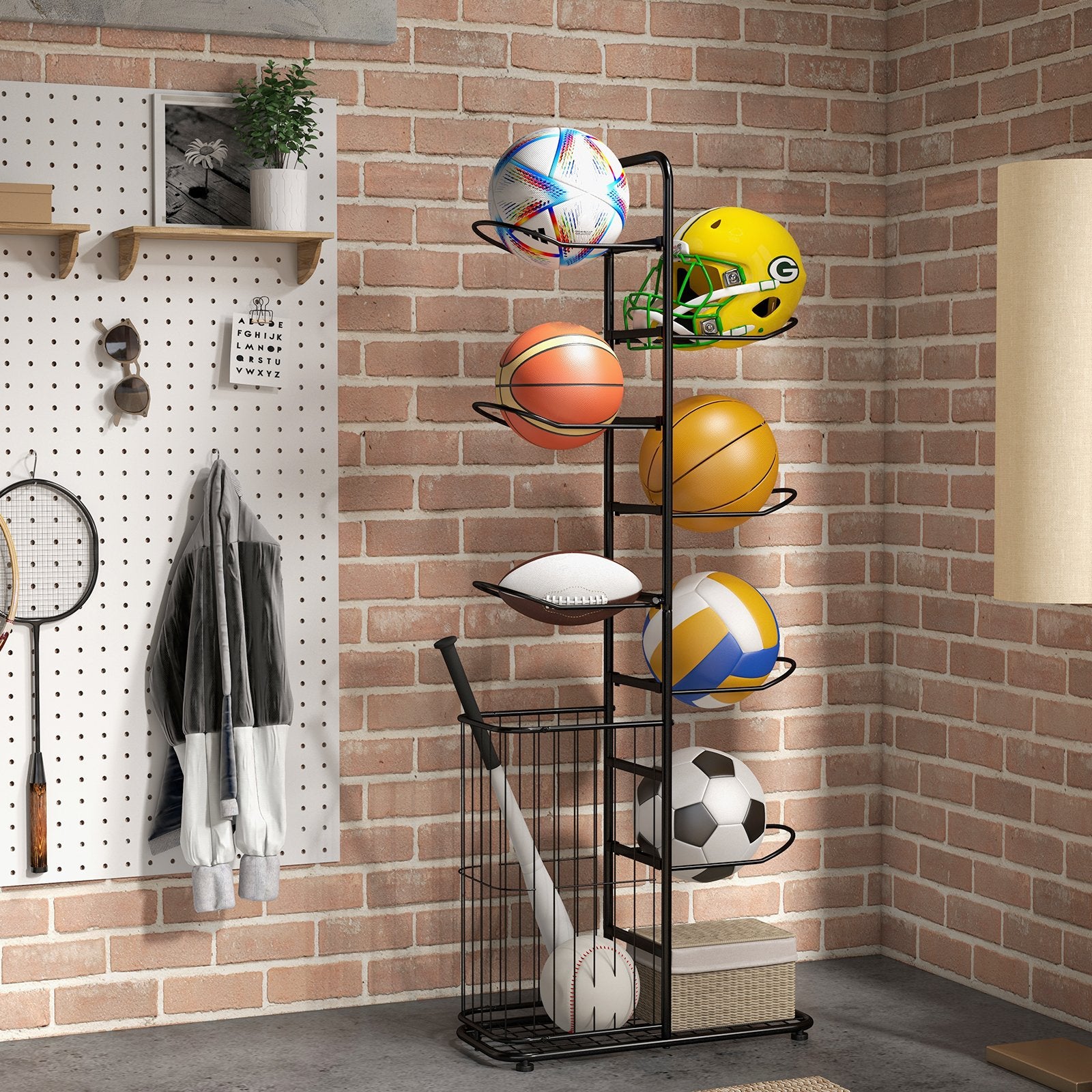 Metal Basketball Holder with 7 Removable Hanging Rods and Side Ball Basket, Black Sport Equipments   at Gallery Canada