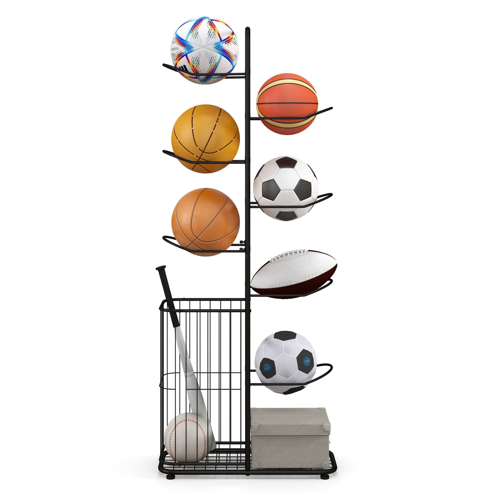 Metal Basketball Holder with 7 Removable Hanging Rods and Side Ball Basket, Black Sport Equipments   at Gallery Canada