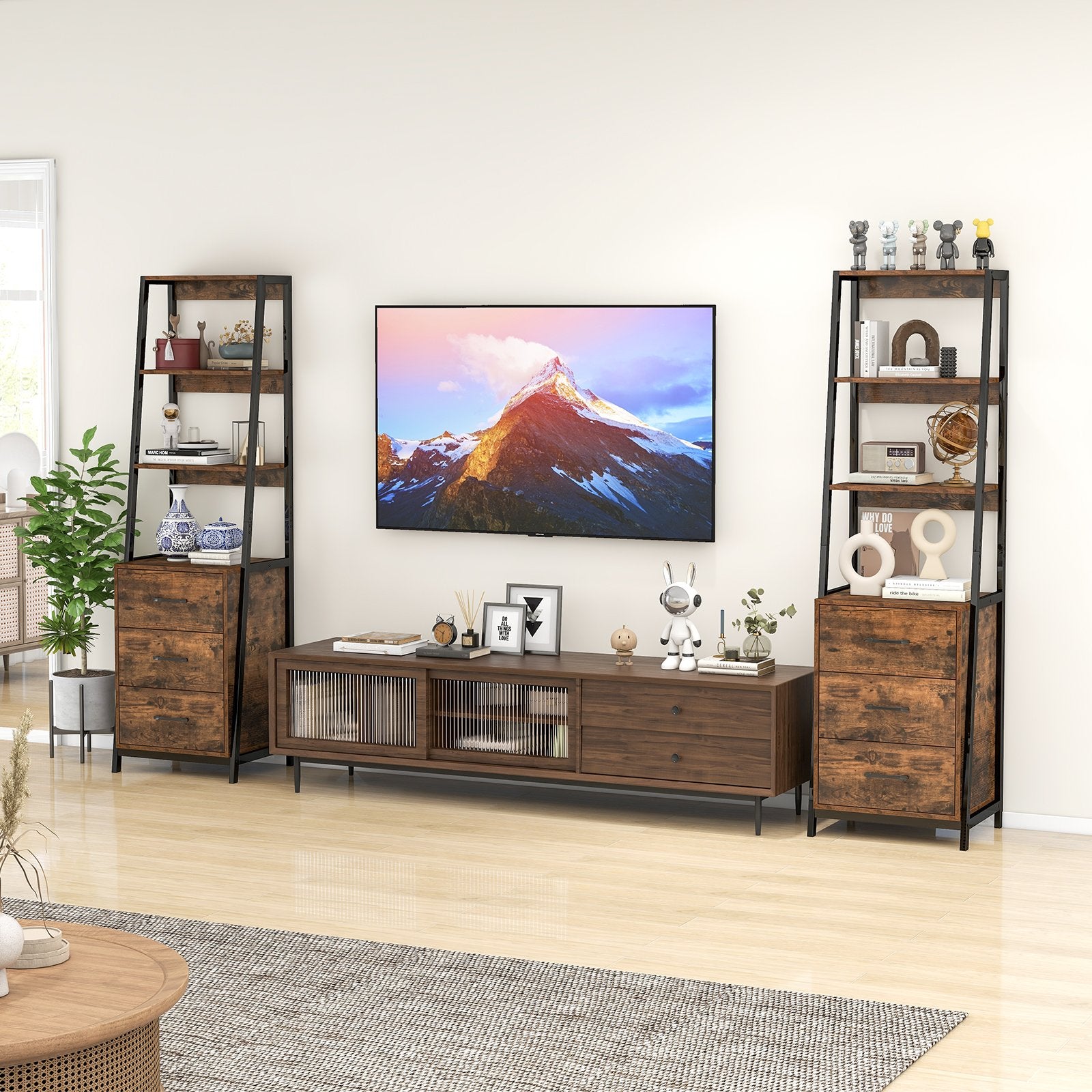 Multifunctional Tall Bookcase with Open Shelves and Storage Drawers-, Rustic Brown Bookcases   at Gallery Canada