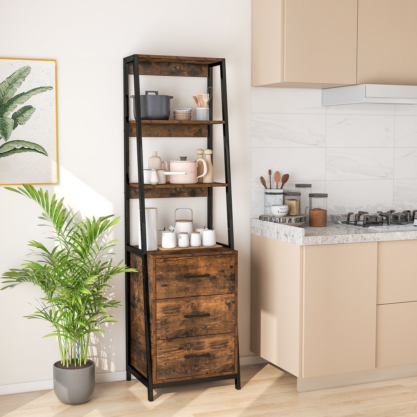 Multifunctional Tall Bookcase with Open Shelves and Storage Drawers-, Rustic Brown Bookcases   at Gallery Canada