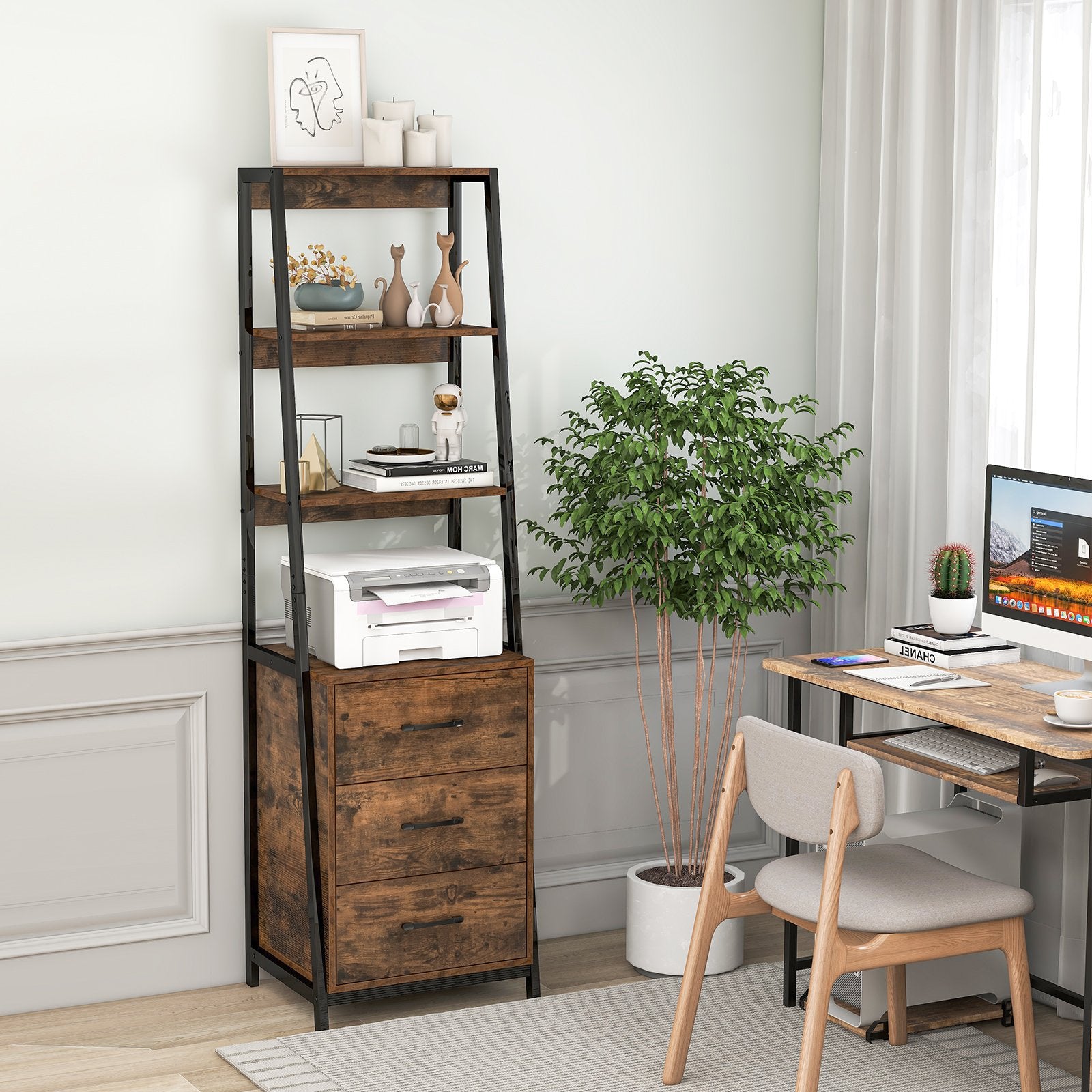 Multifunctional Tall Bookcase with Open Shelves and Storage Drawers-, Rustic Brown Bookcases   at Gallery Canada