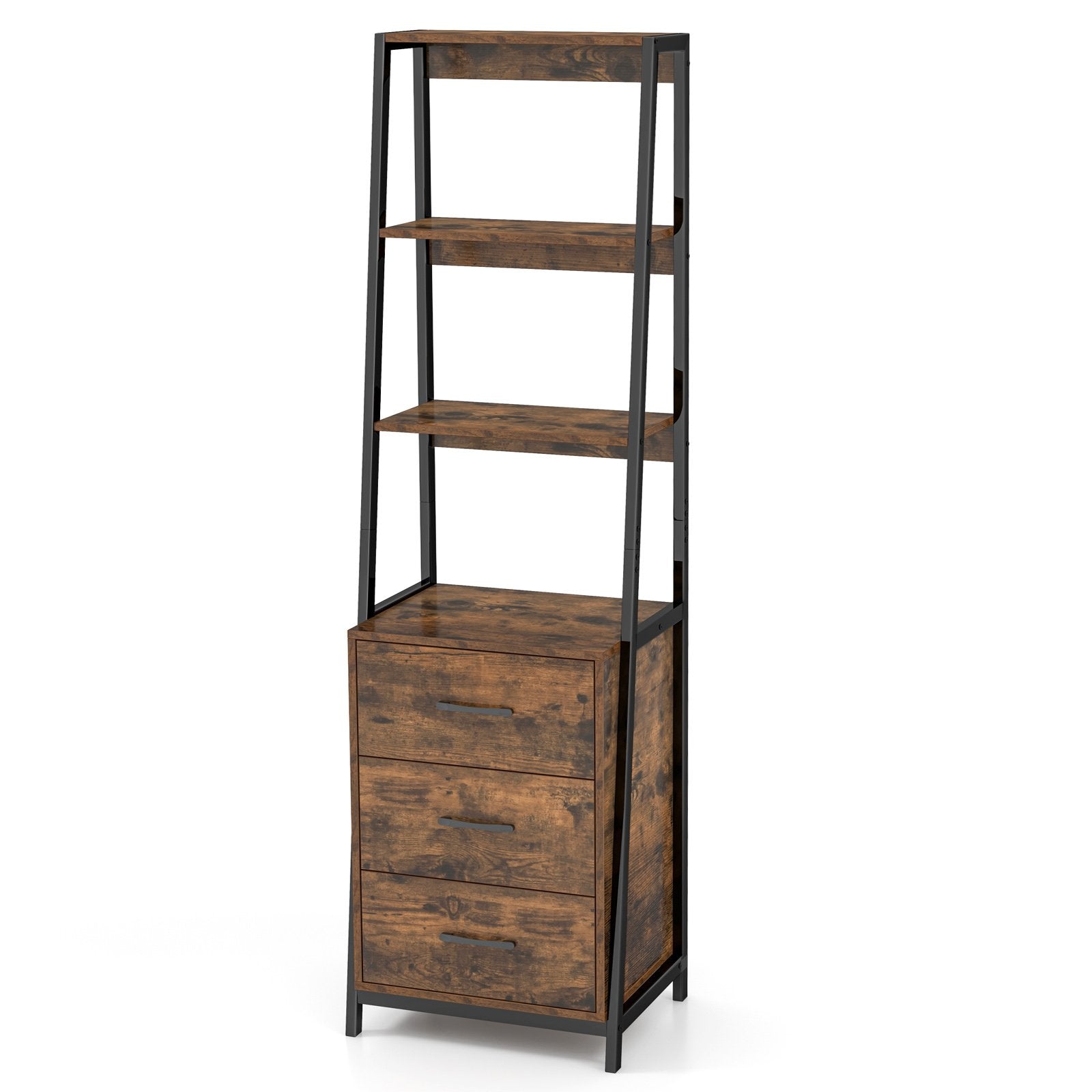 Multifunctional Tall Bookcase with Open Shelves and Storage Drawers-, Rustic Brown Bookcases   at Gallery Canada