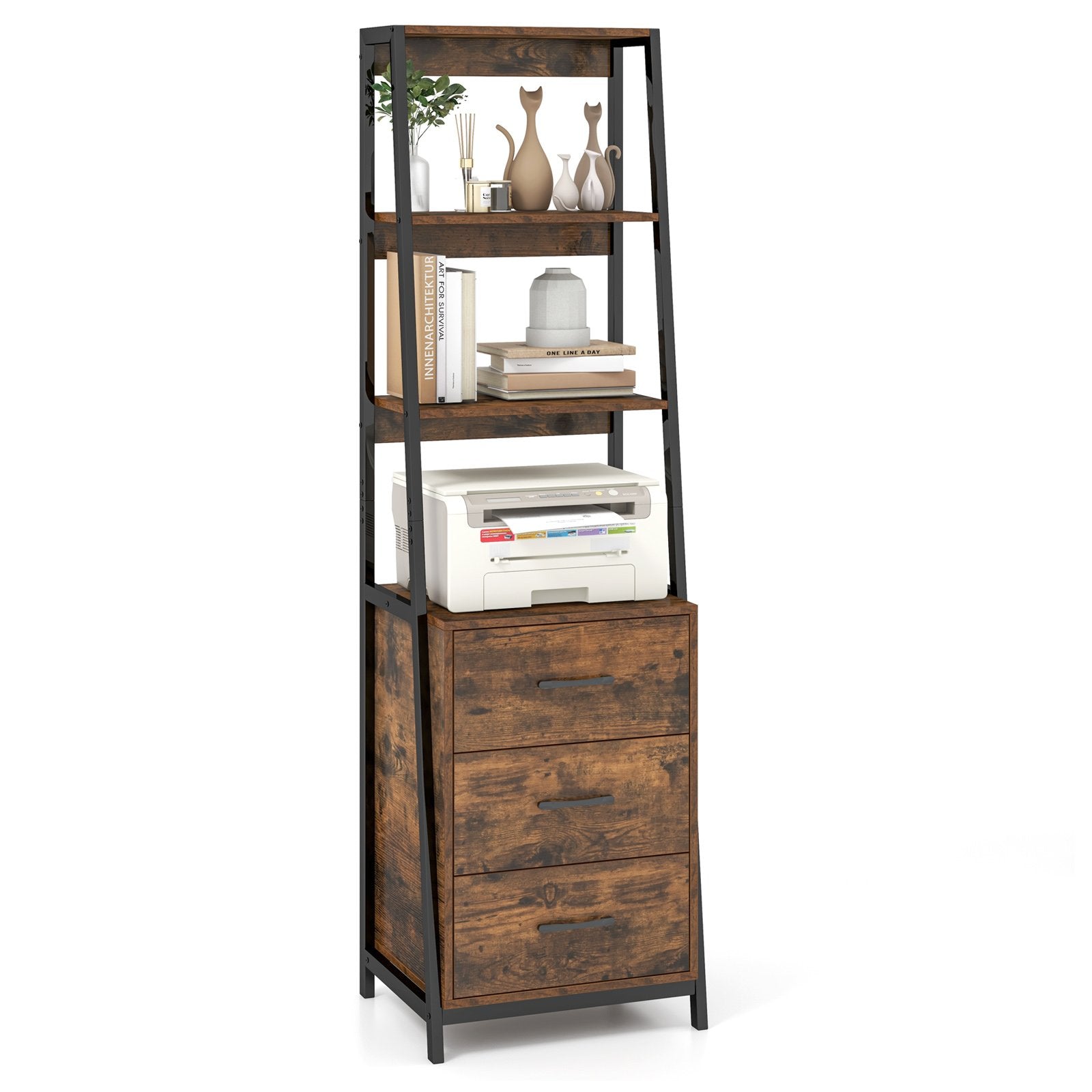 Multifunctional Tall Bookcase with Open Shelves and Storage Drawers-, Rustic Brown Bookcases   at Gallery Canada