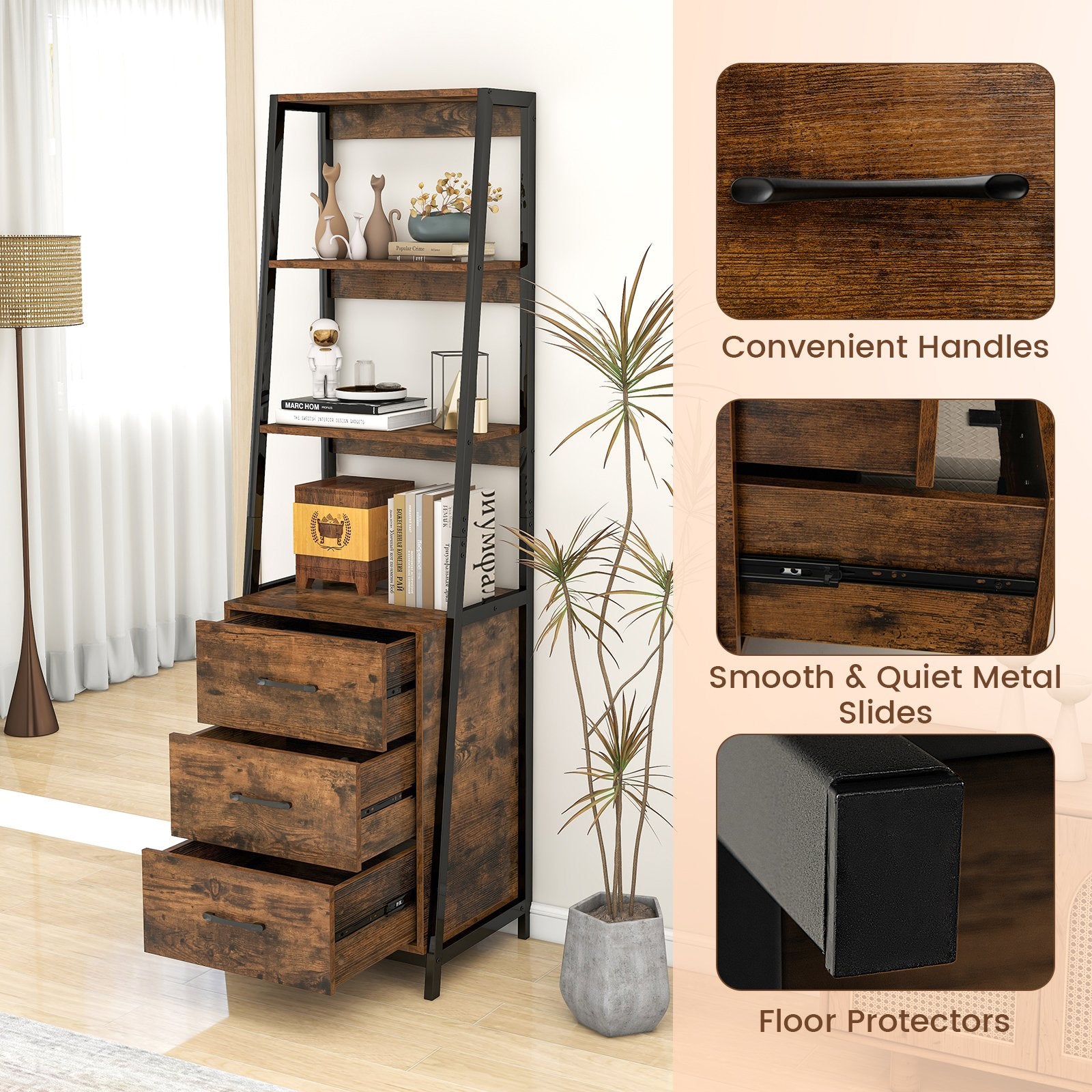 Multifunctional Tall Bookcase with Open Shelves and Storage Drawers-, Rustic Brown Bookcases   at Gallery Canada