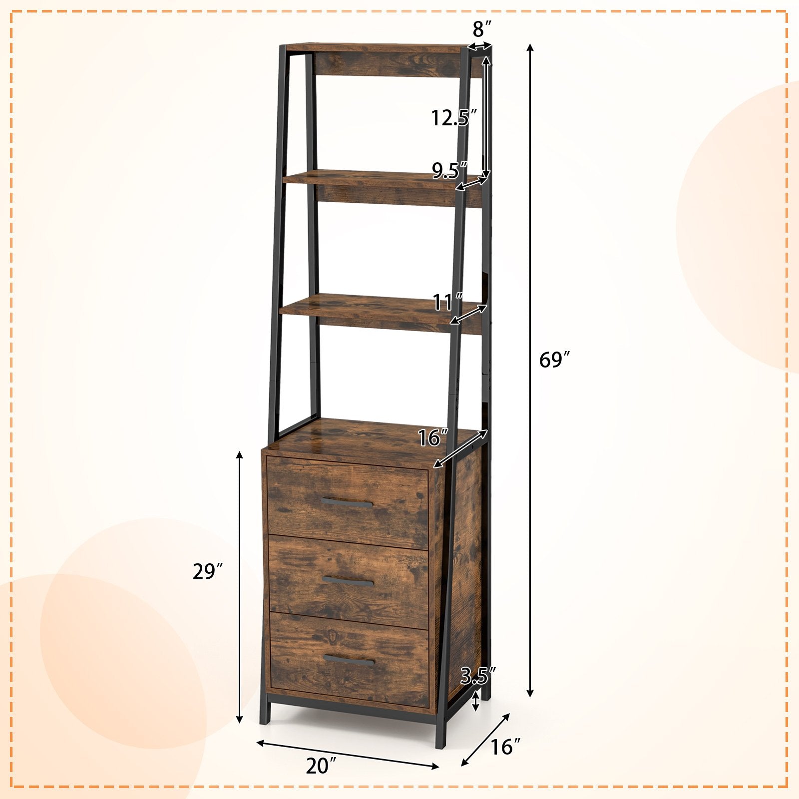 Multifunctional Tall Bookcase with Open Shelves and Storage Drawers-, Rustic Brown Bookcases   at Gallery Canada