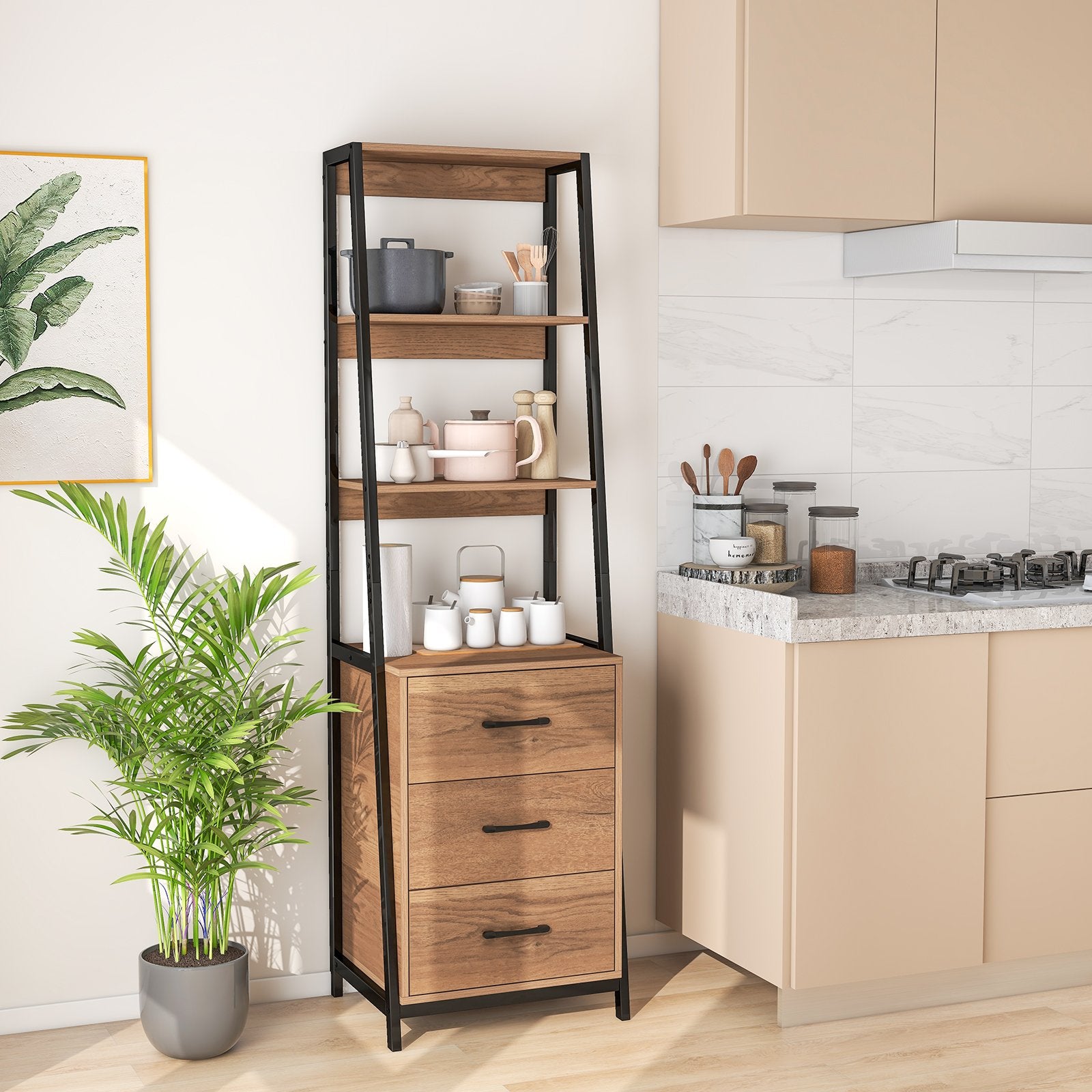 Multifunctional Tall Bookcase with Open Shelves and Storage Drawers, Natural Bookcases   at Gallery Canada