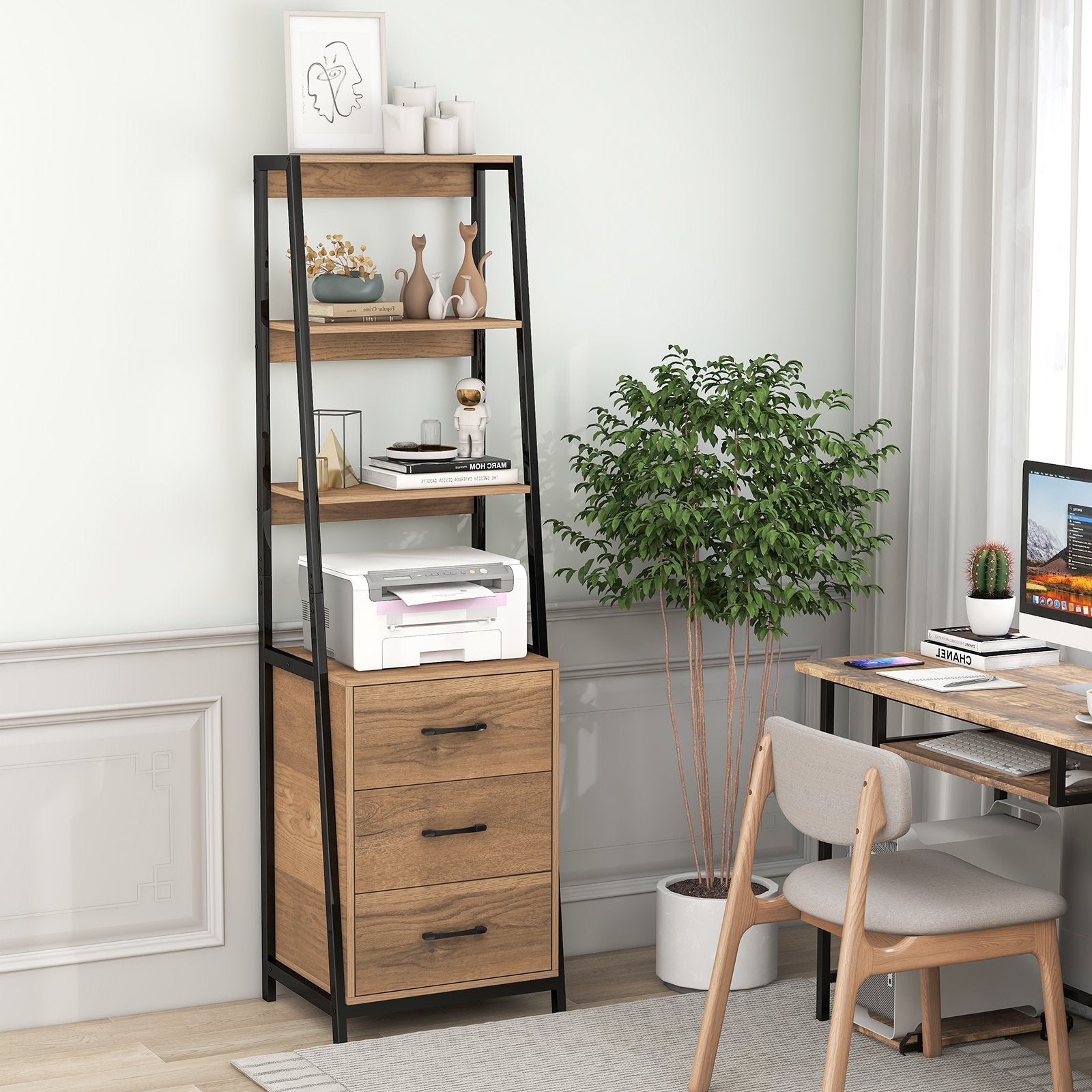 Multifunctional Tall Bookcase with Open Shelves and Storage Drawers, Natural Bookcases   at Gallery Canada