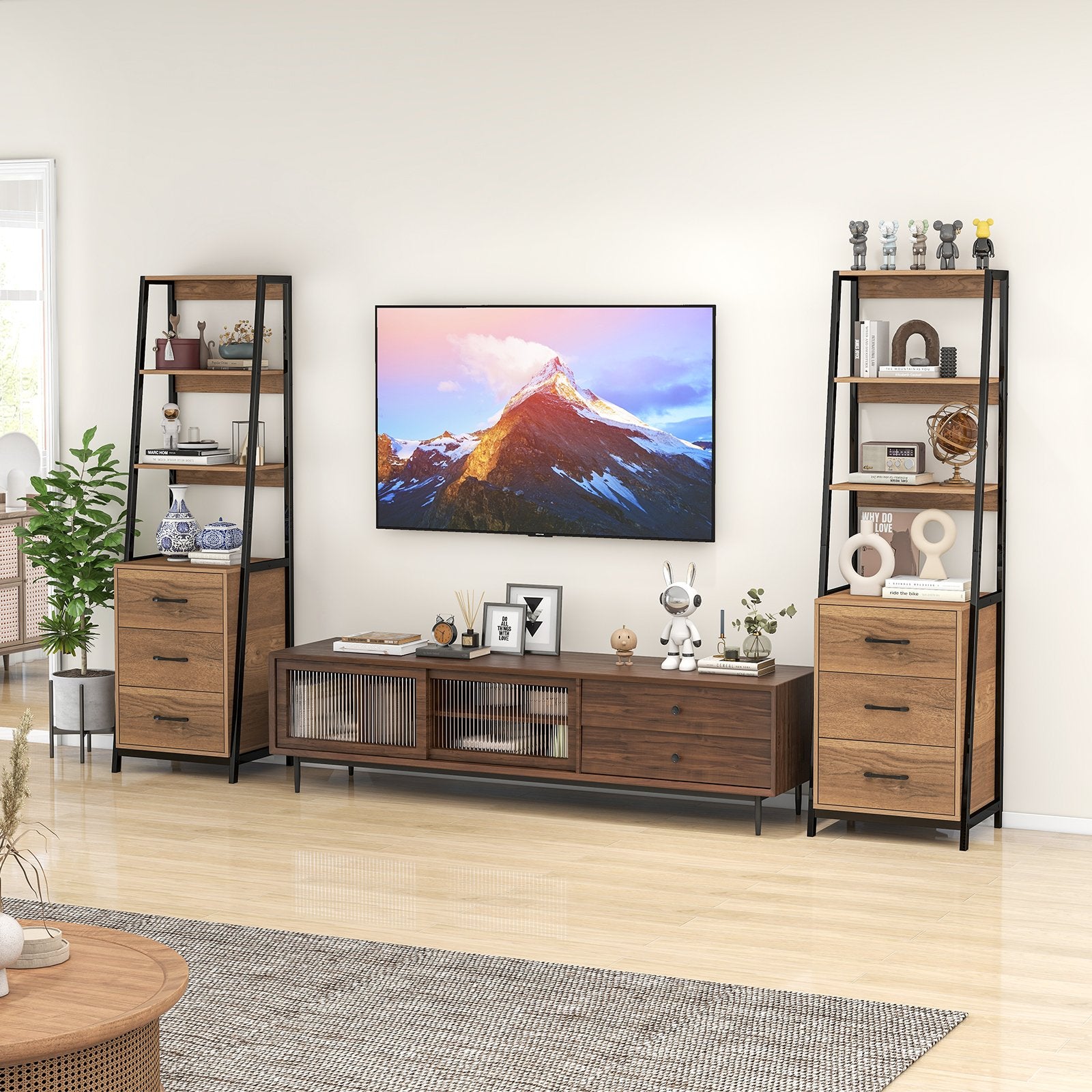 Multifunctional Tall Bookcase with Open Shelves and Storage Drawers, Natural Bookcases   at Gallery Canada