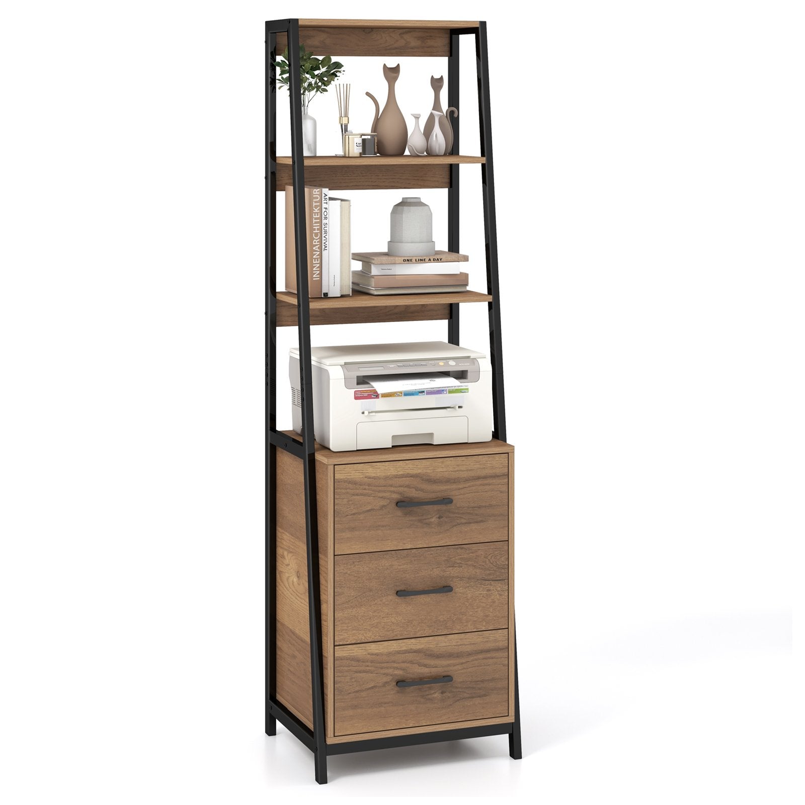 Multifunctional Tall Bookcase with Open Shelves and Storage Drawers, Natural Bookcases   at Gallery Canada