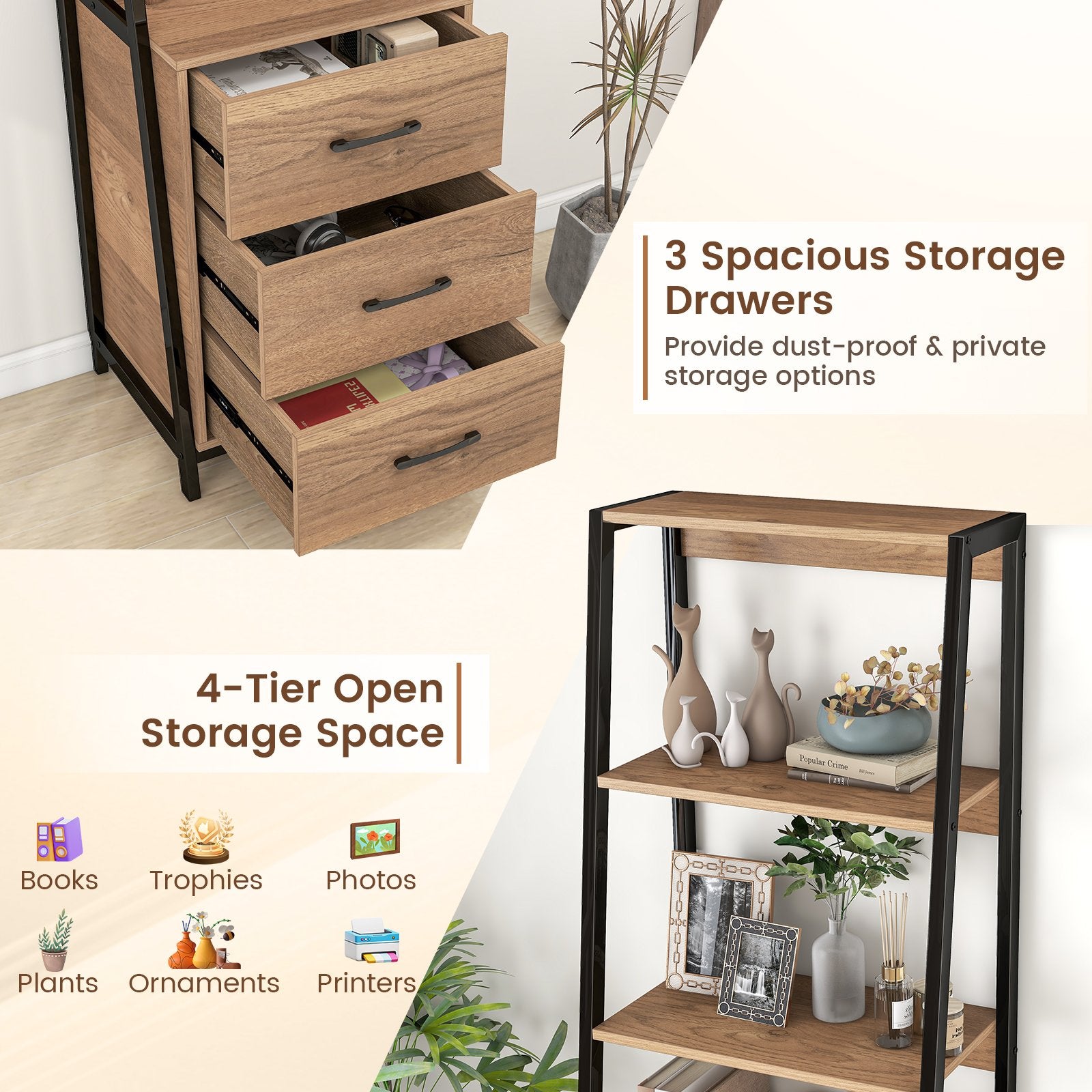 Multifunctional Tall Bookcase with Open Shelves and Storage Drawers, Natural Bookcases   at Gallery Canada