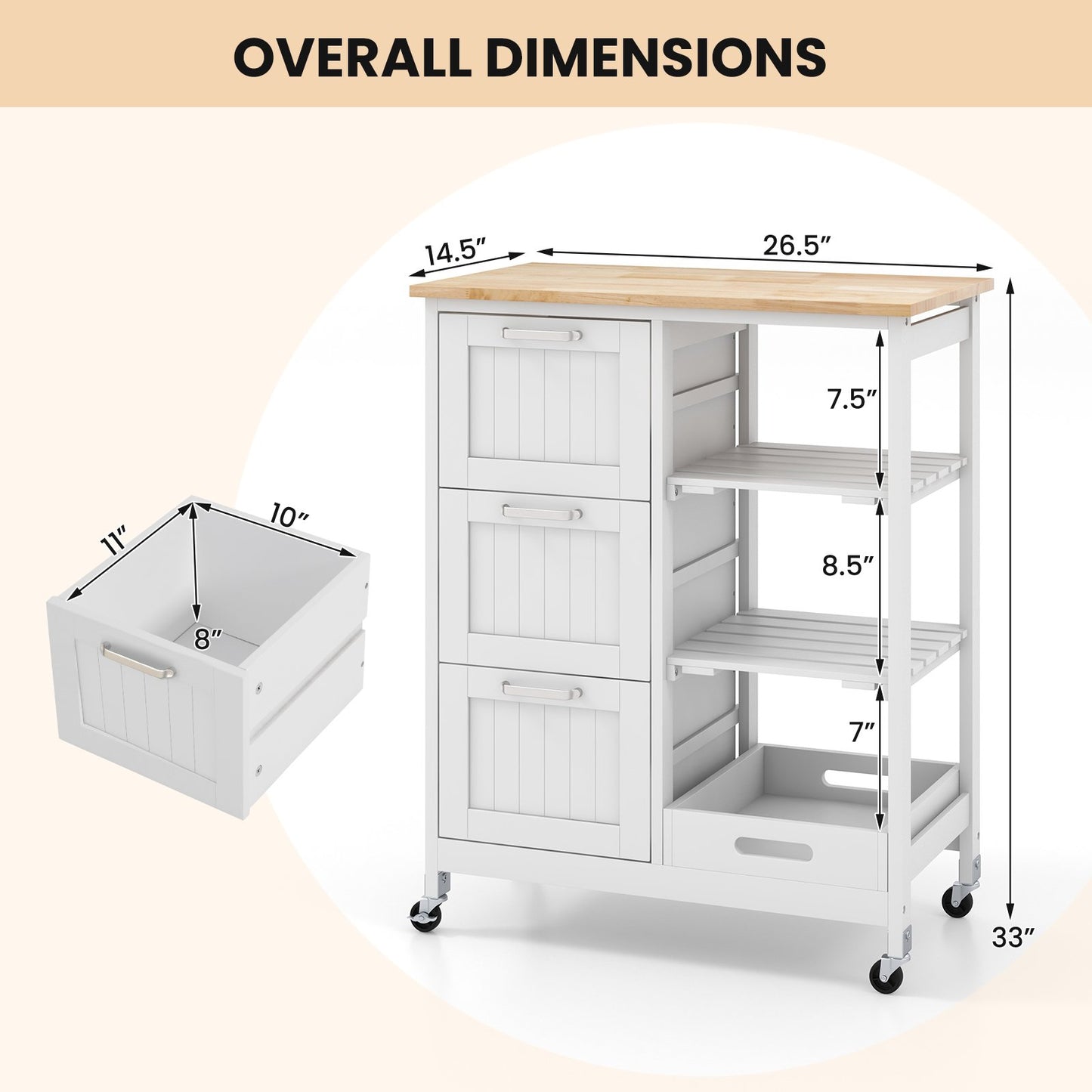 Rolling Kitchen Island Utility Storage Cart, White - Gallery Canada