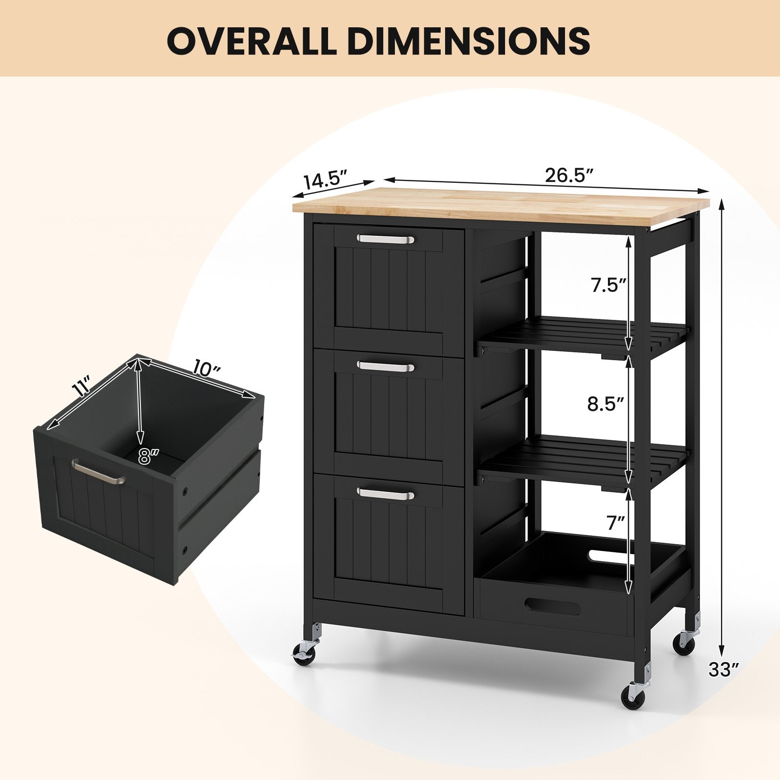 Rolling Kitchen Island Utility Storage Cart with 3 Large Drawers, Black Kitchen Islands & Carts   at Gallery Canada