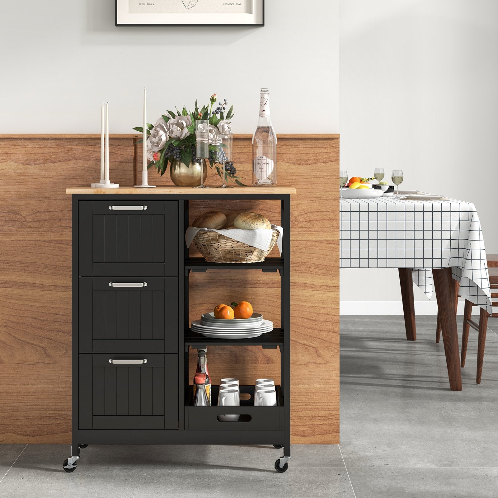 Rolling Kitchen Island Utility Storage Cart with 3 Large Drawers, Black Kitchen Islands & Carts   at Gallery Canada