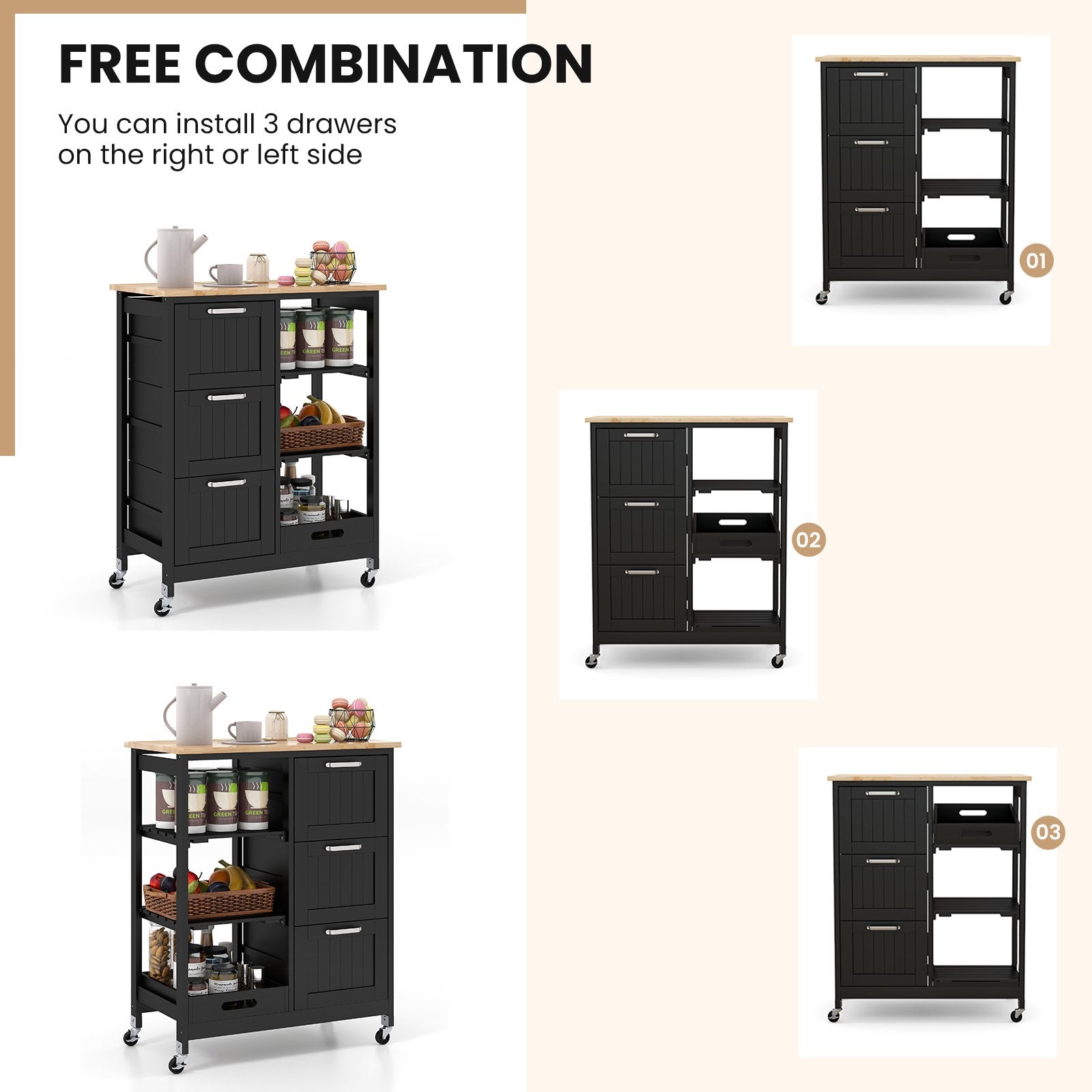 Rolling Kitchen Island Utility Storage Cart with 3 Large Drawers, Black Kitchen Islands & Carts   at Gallery Canada