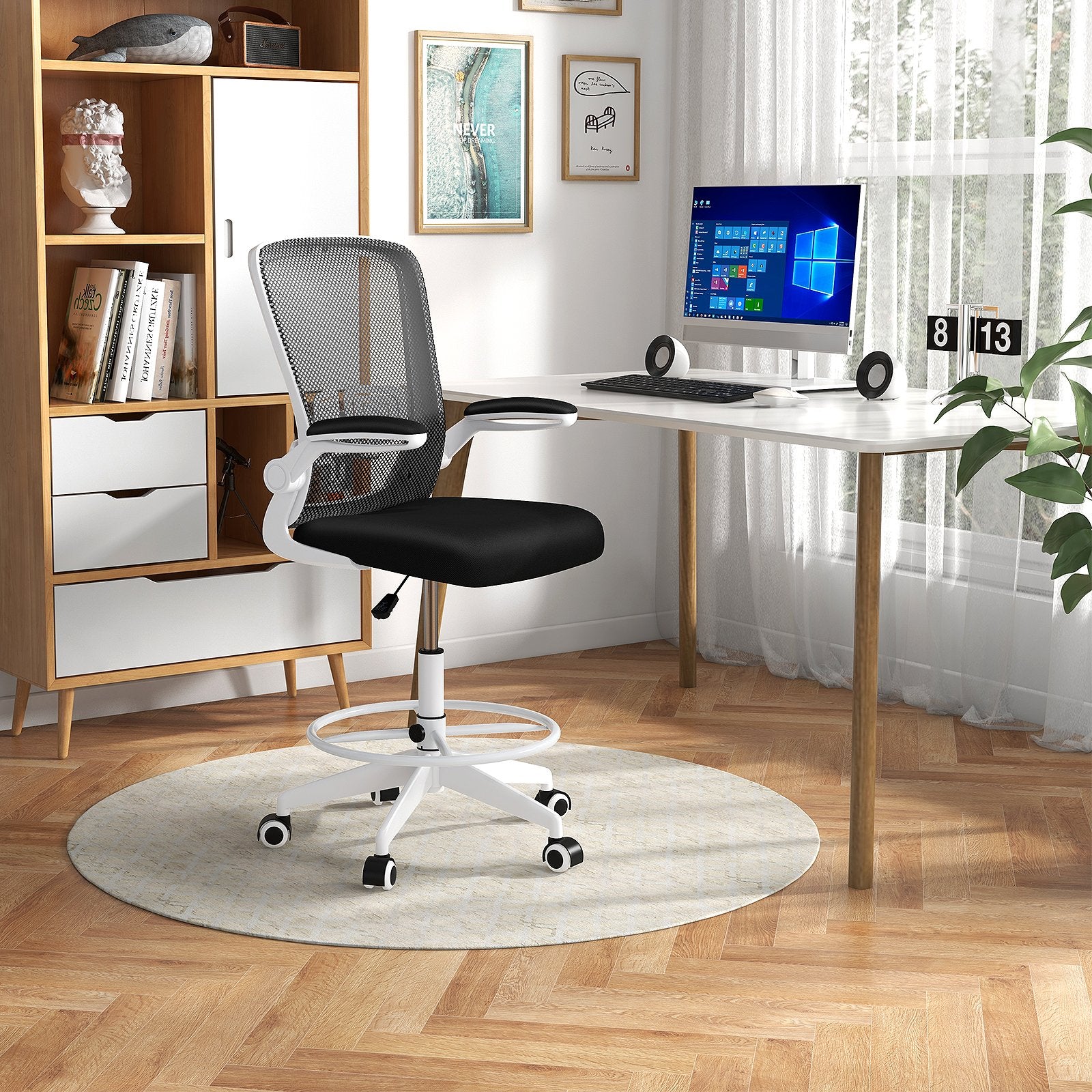 Height Adjustable Drafting Chair with Flip Up Arms for Home Office, White Mesh Chairs   at Gallery Canada