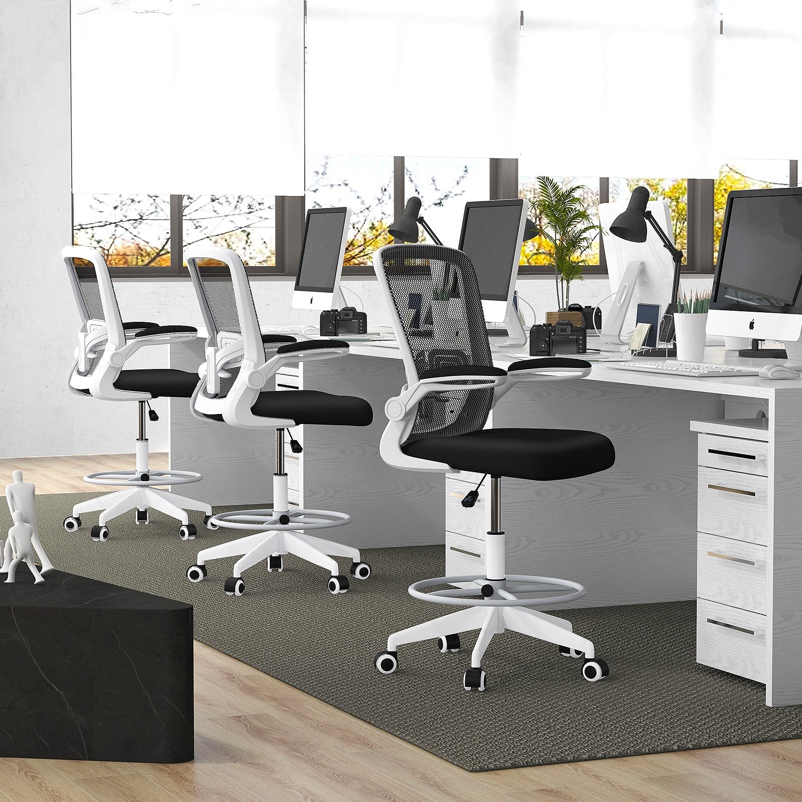 Height Adjustable Drafting Chair with Flip Up Arms for Home Office, White Mesh Chairs   at Gallery Canada