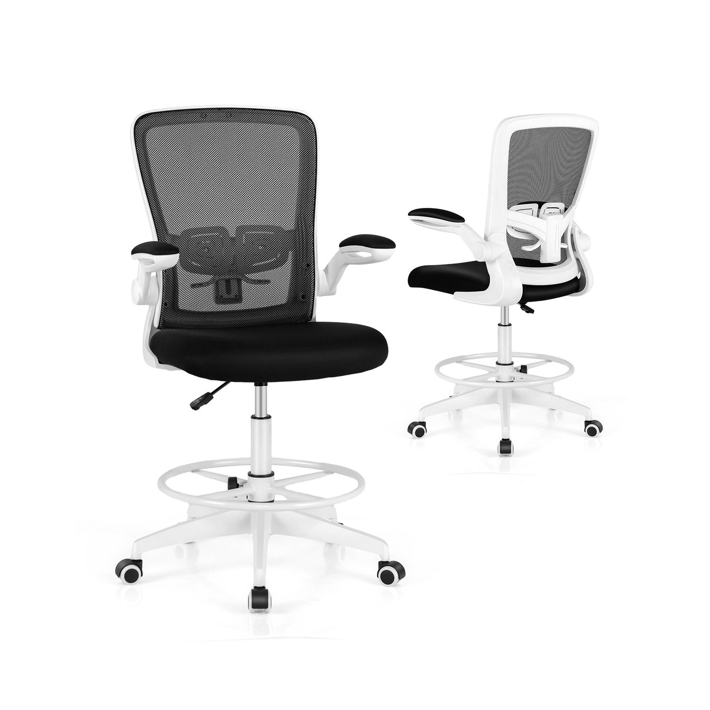 Height Adjustable Drafting Chair with Flip Up Arms for Home Office, White Mesh Chairs   at Gallery Canada