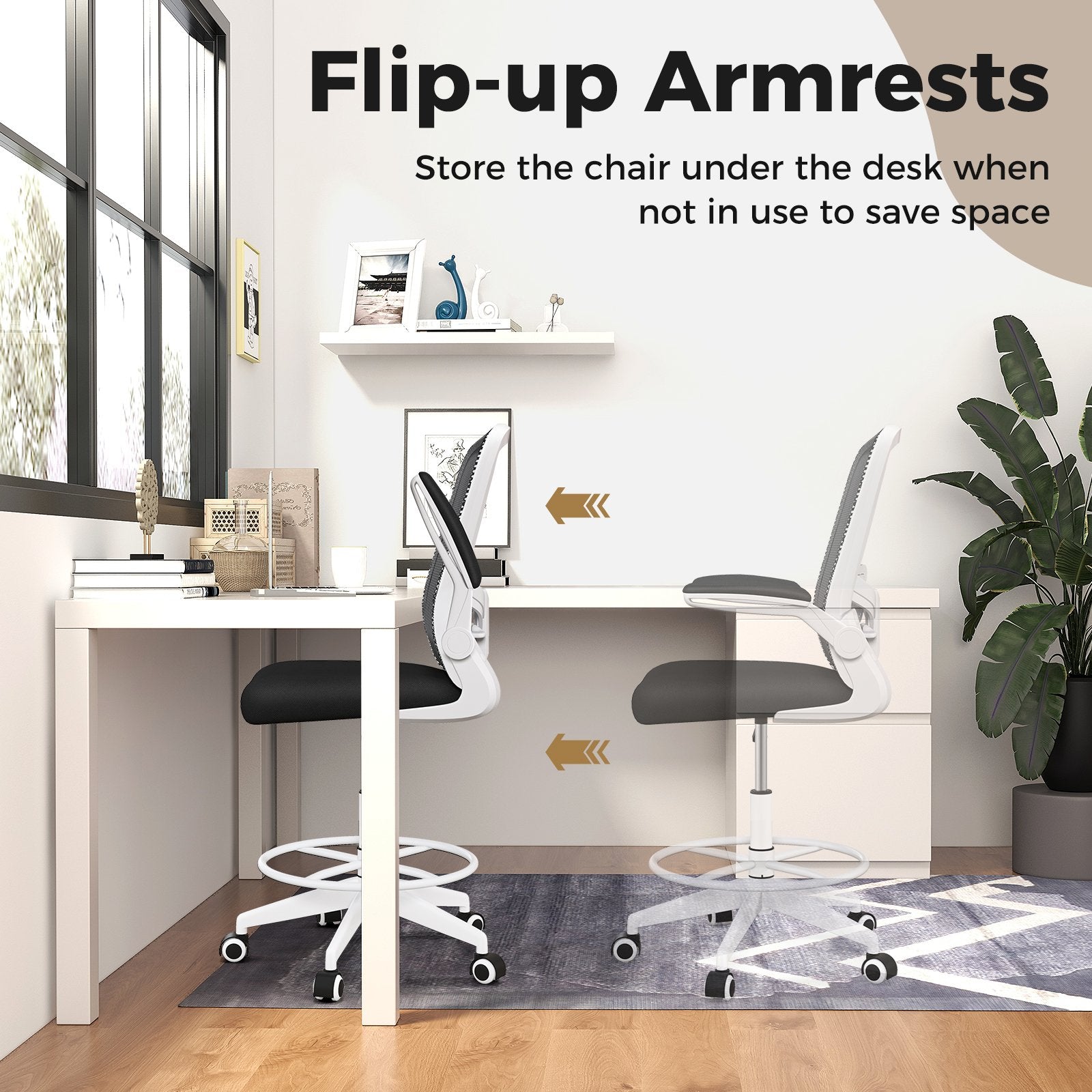 Height Adjustable Drafting Chair with Flip Up Arms for Home Office, White Mesh Chairs   at Gallery Canada