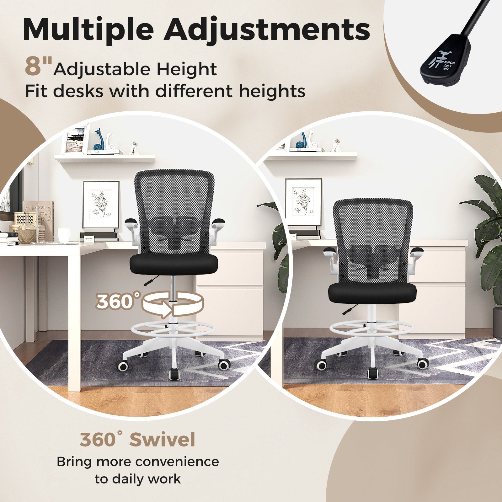 Height Adjustable Drafting Chair with Flip Up Arms for Home Office, White Mesh Chairs   at Gallery Canada