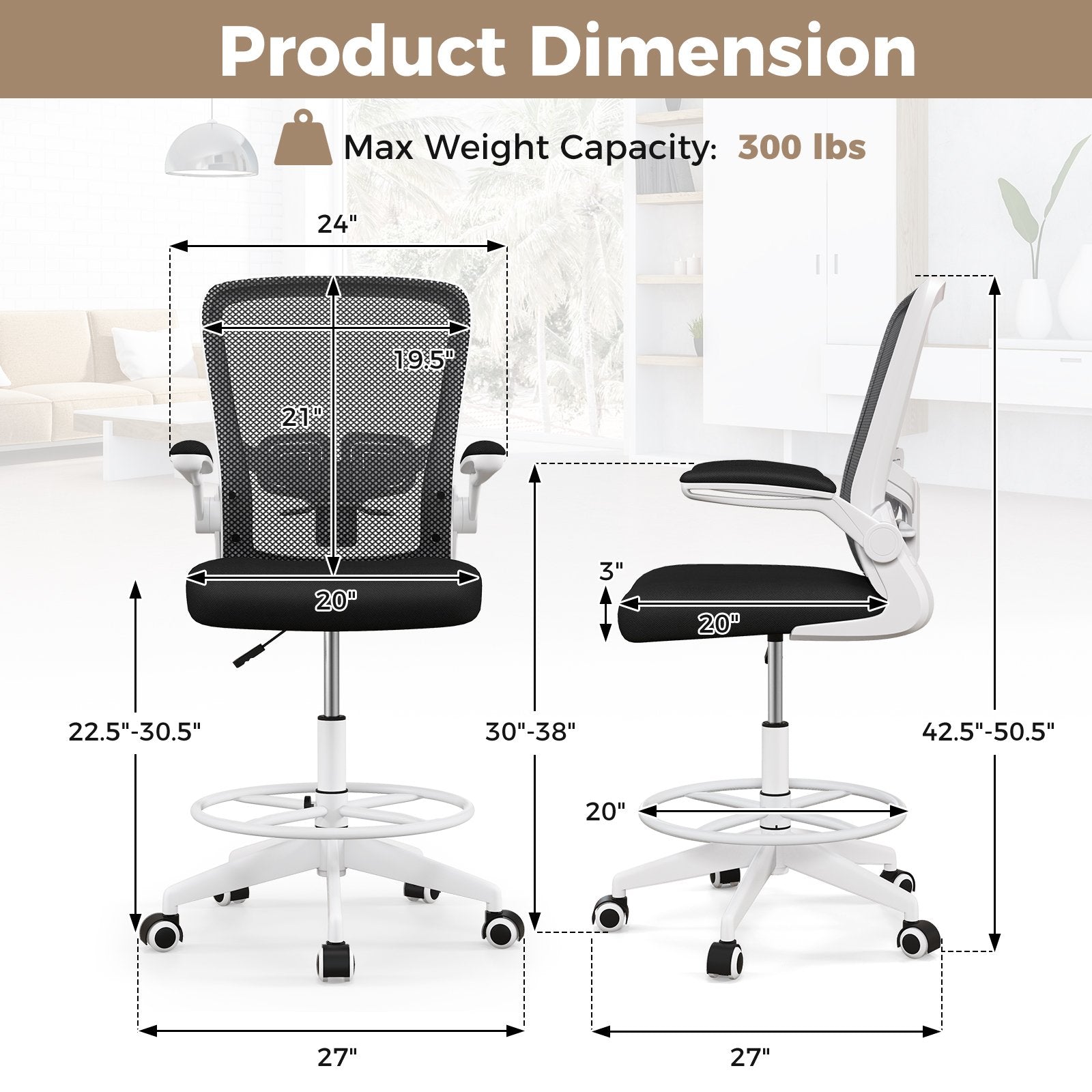 Height Adjustable Drafting Chair with Flip Up Arms for Home Office, White Mesh Chairs   at Gallery Canada