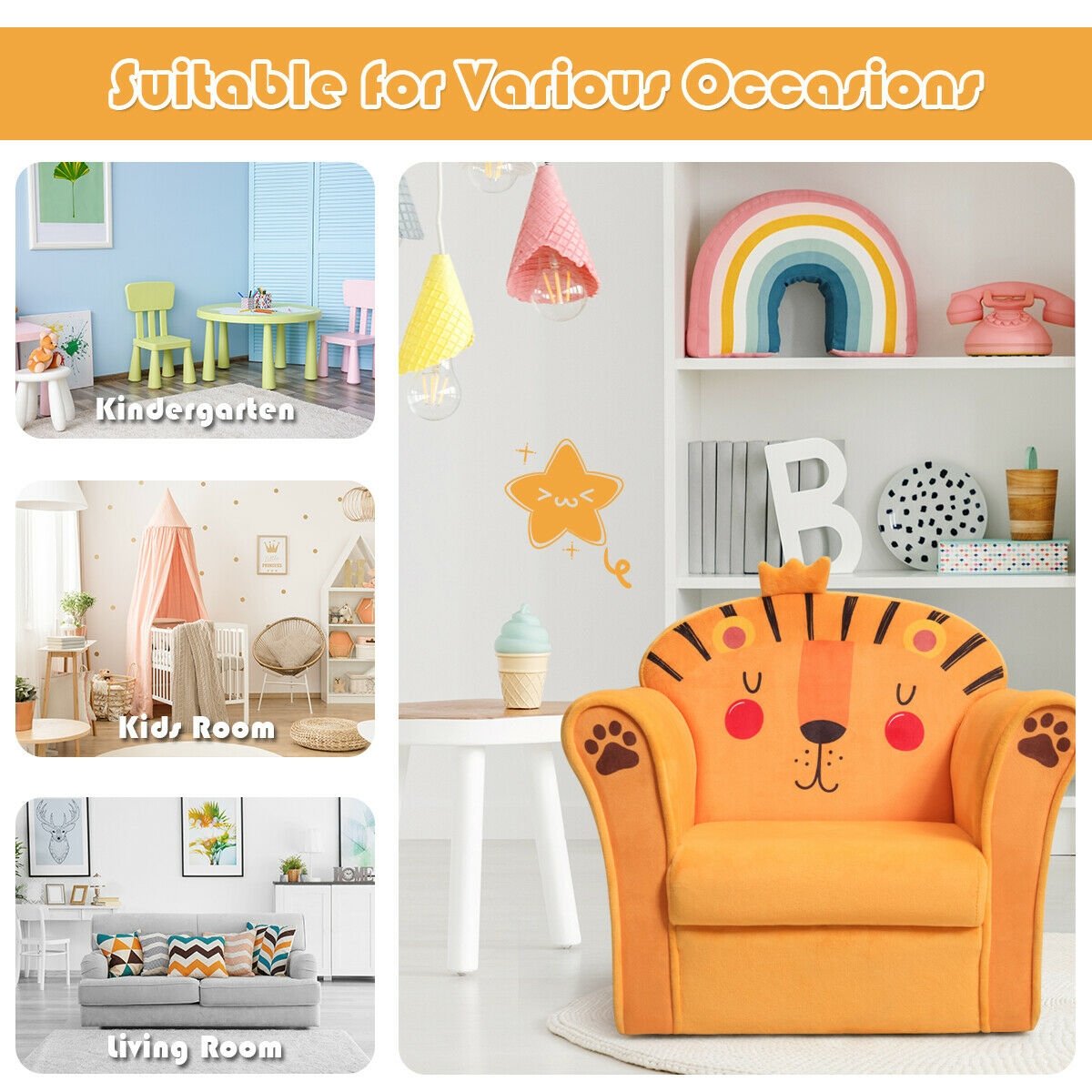 Kids Armrest Lion Upholstered Sofa, Orange Kids Chairs & Seating   at Gallery Canada