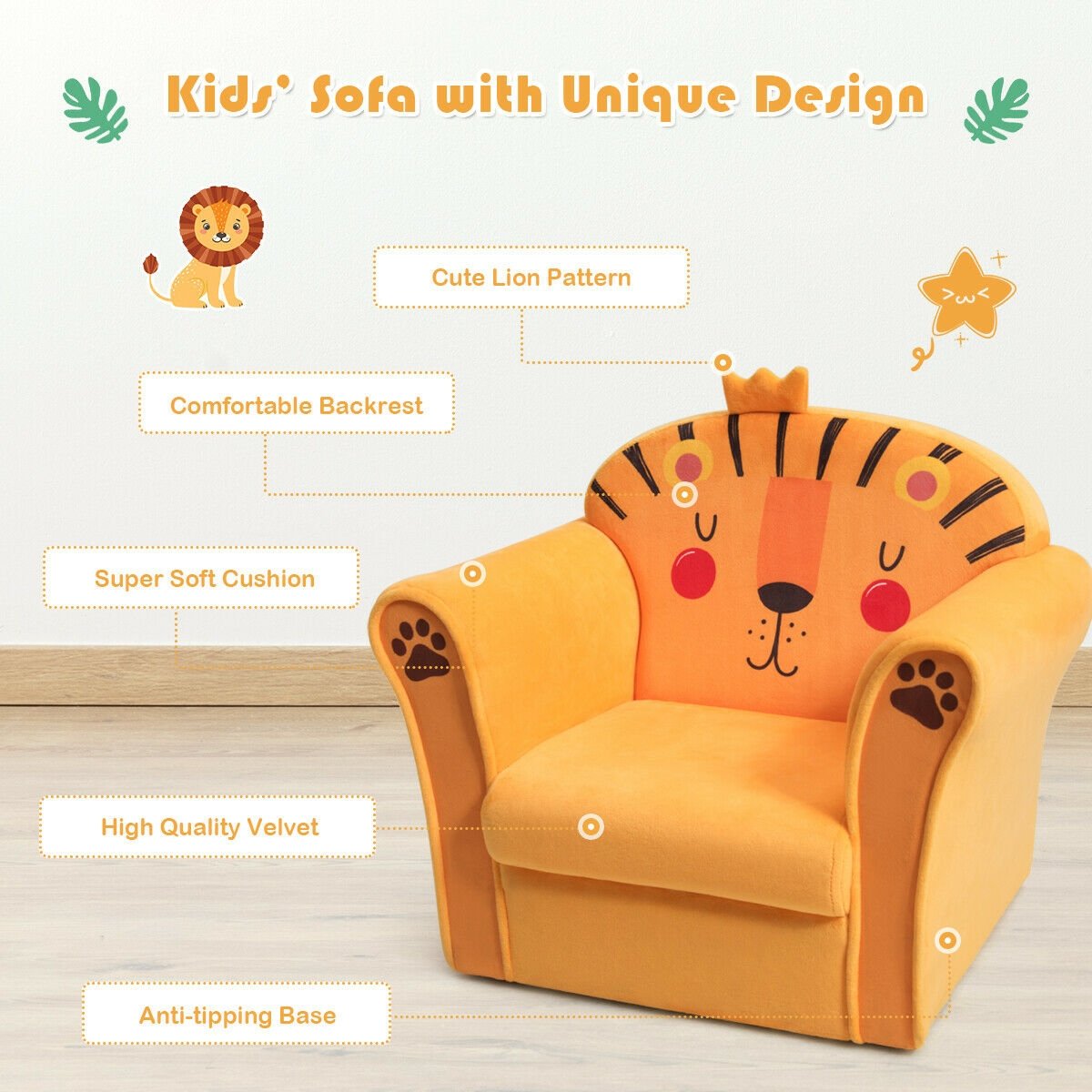 Kids Armrest Lion Upholstered Sofa, Orange Kids Chairs & Seating   at Gallery Canada