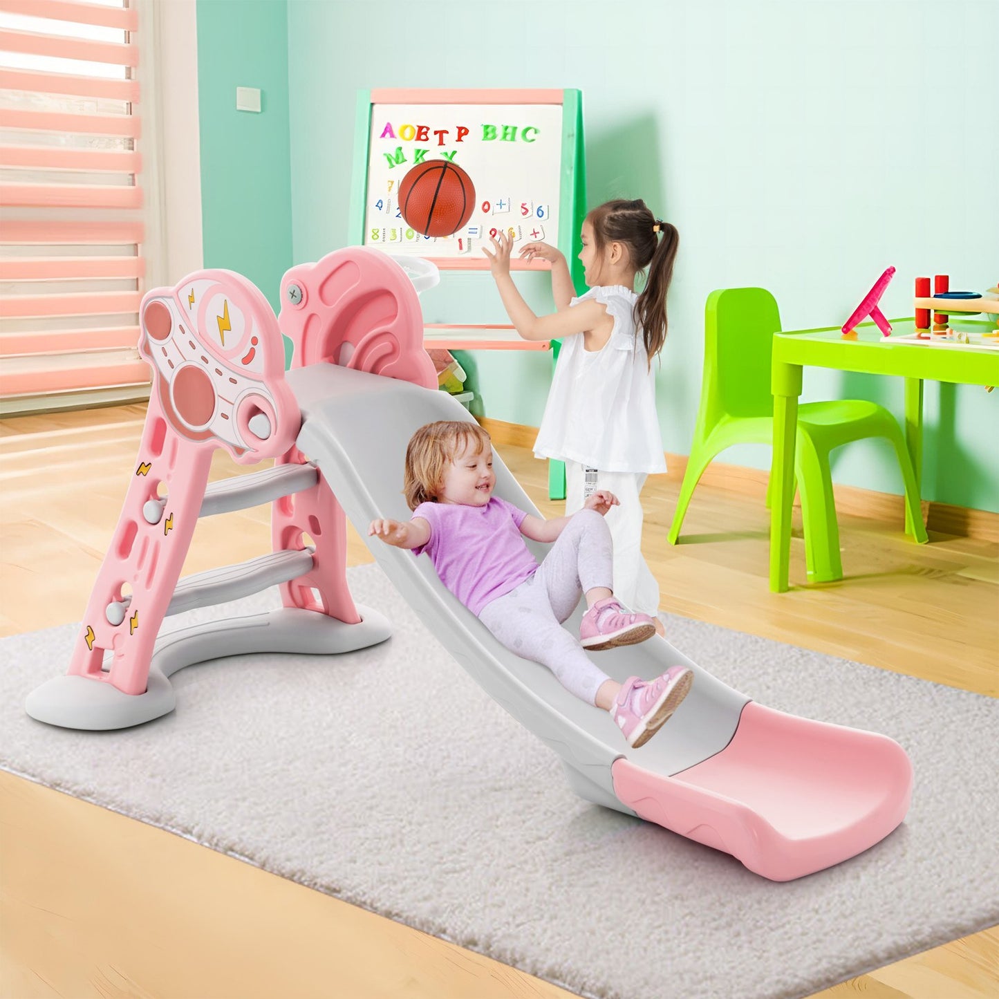 3-in-1 Folding Slide Playset with Basketball Hoop and Small Basketball, Pink Climbers & Slides   at Gallery Canada