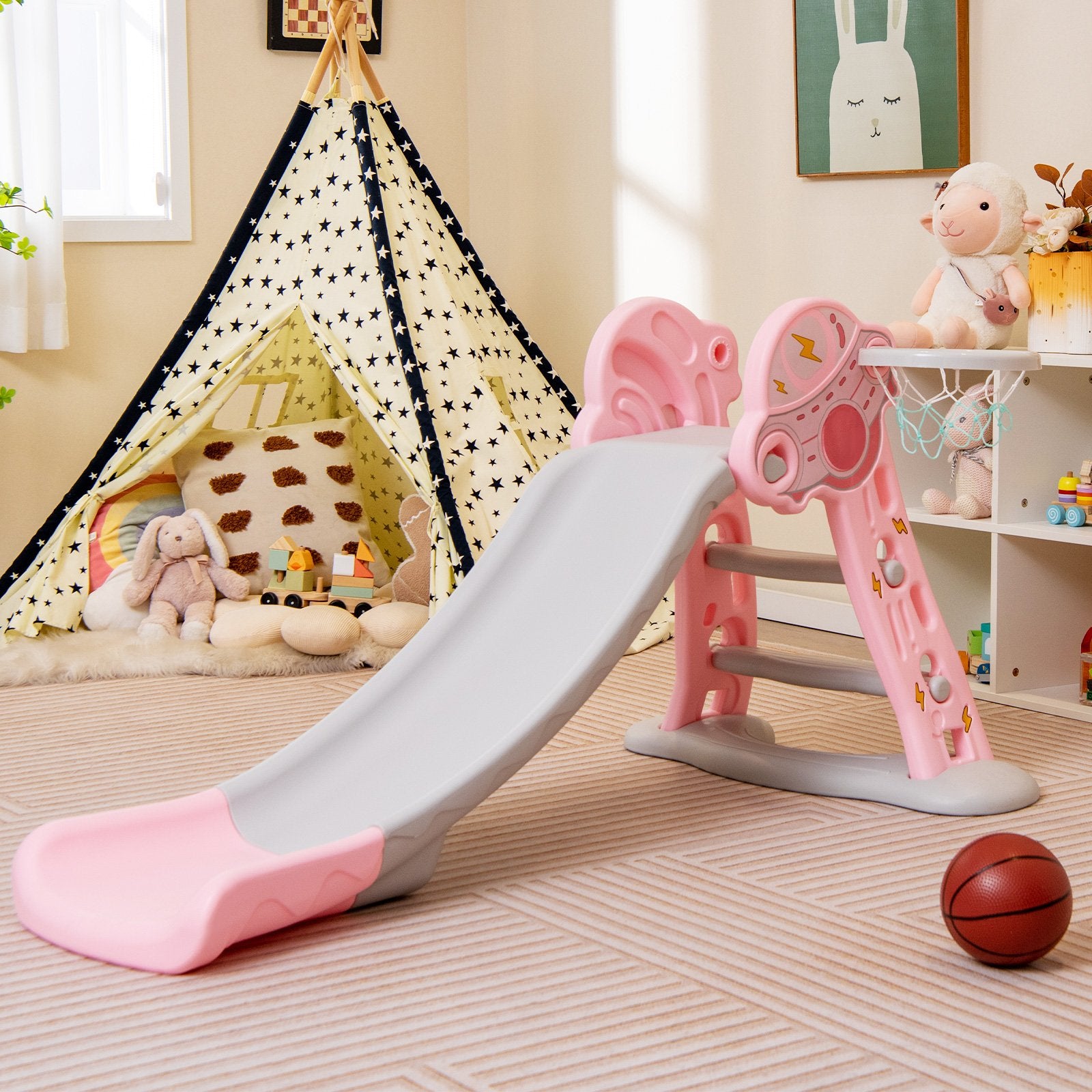 3-in-1 Folding Slide Playset with Basketball Hoop and Small Basketball, Pink Climbers & Slides   at Gallery Canada