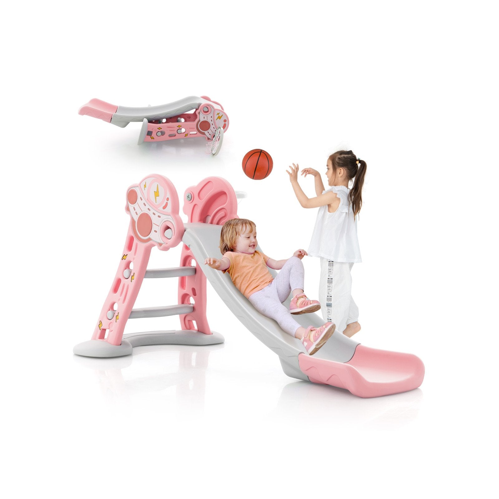 3-in-1 Folding Slide Playset with Basketball Hoop and Small Basketball, Pink Climbers & Slides   at Gallery Canada