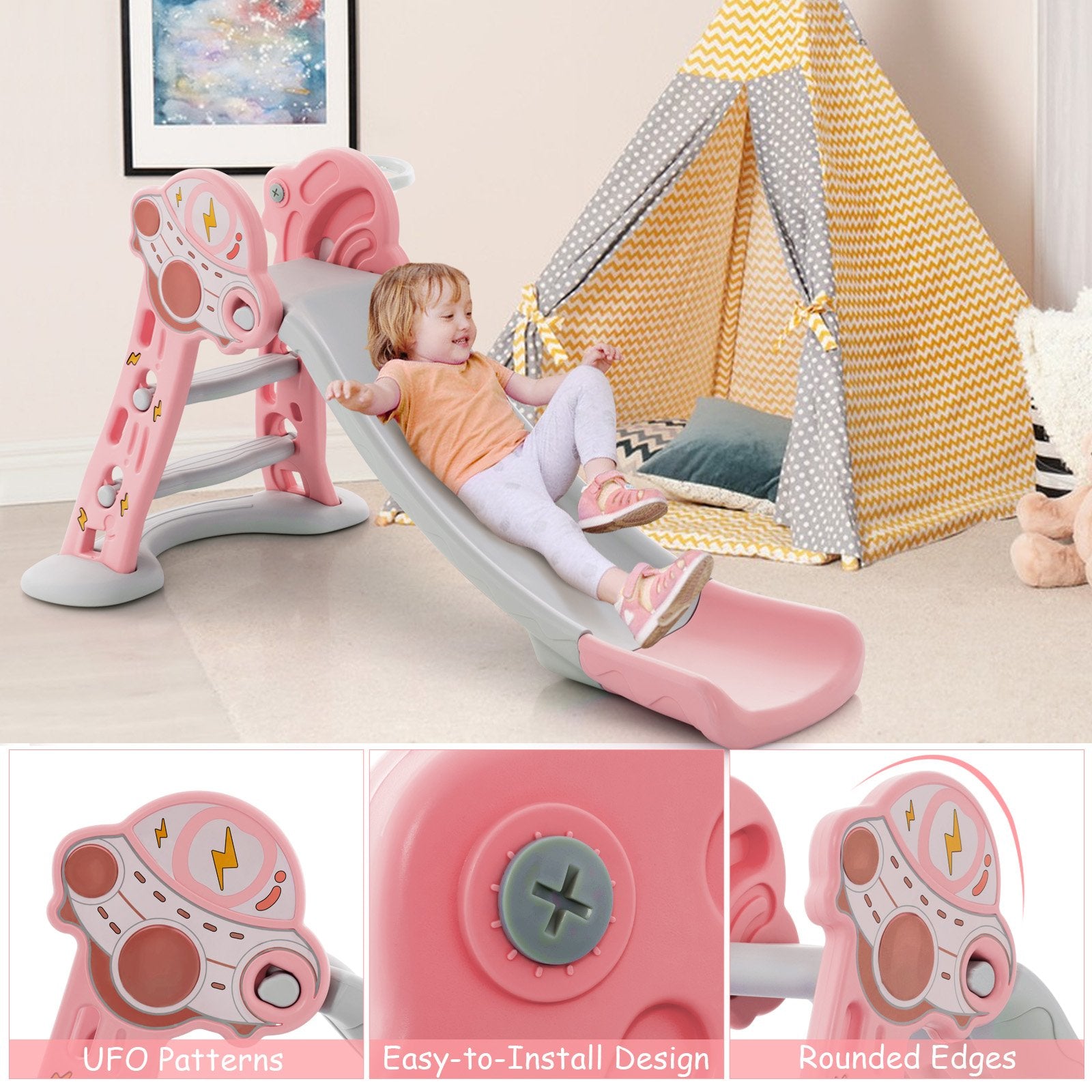 3-in-1 Folding Slide Playset with Basketball Hoop and Small Basketball, Pink Climbers & Slides   at Gallery Canada