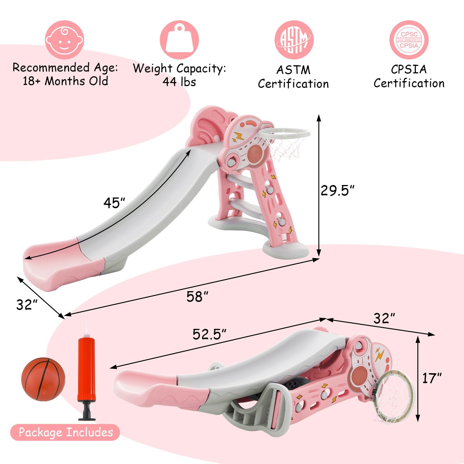 3-in-1 Folding Slide Playset with Basketball Hoop and Small Basketball, Pink Climbers & Slides   at Gallery Canada