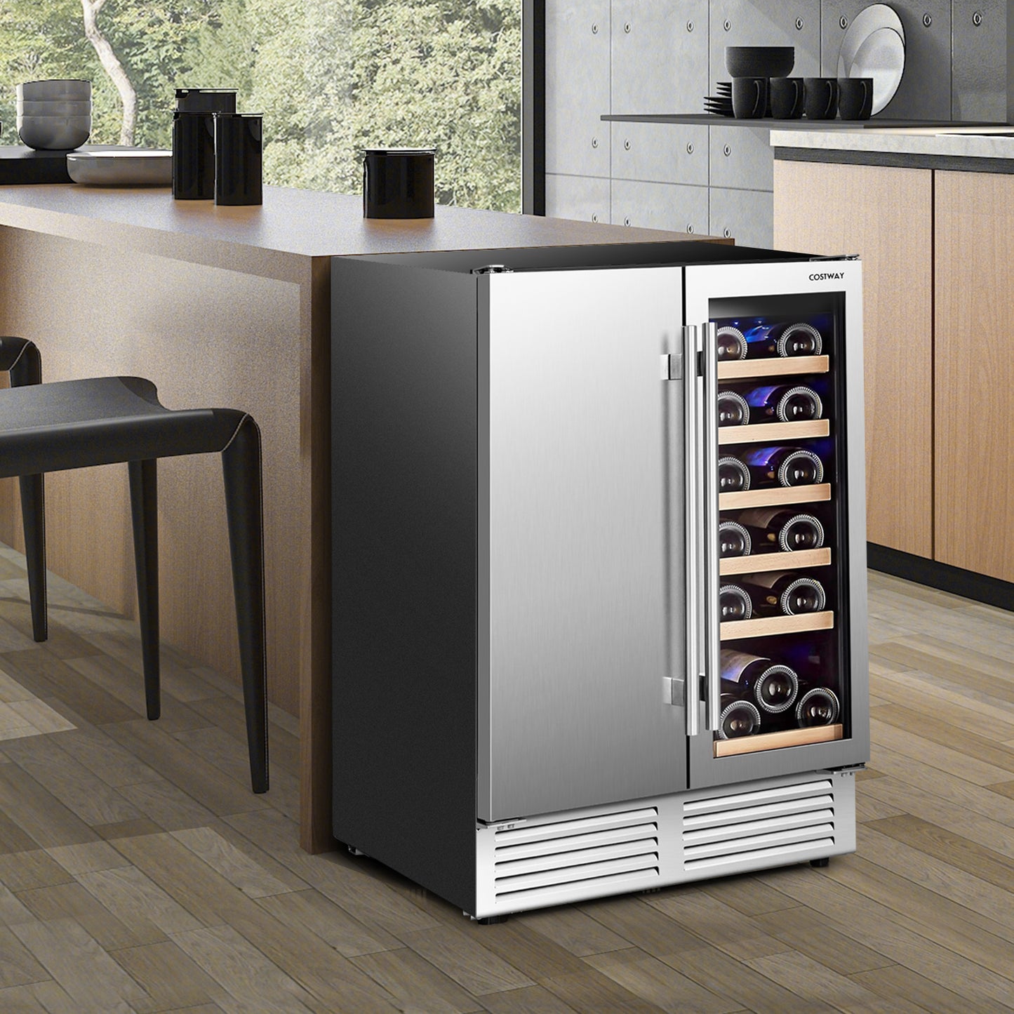 2-in-1 Beverage and Wine Cooler with Independent Temperature Control and LED Lights, Silver Wine & Beverage Coolers   at Gallery Canada