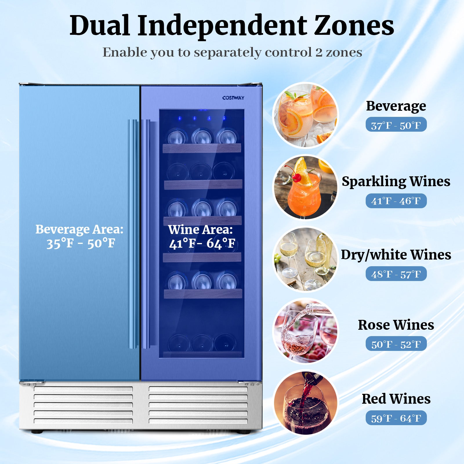 2-in-1 Beverage and Wine Cooler with Independent Temperature Control and LED Lights, Silver Wine & Beverage Coolers   at Gallery Canada