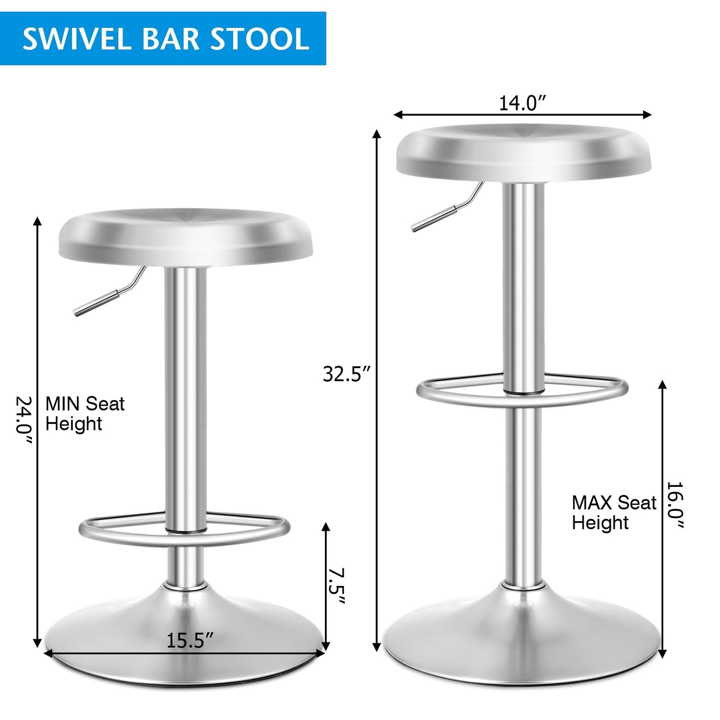 Modern Swivel Adjustable Height Bar Stool with Footrest for Pub Bistro Kitchen Dining-1 Piece, Silver Bar Stools   at Gallery Canada