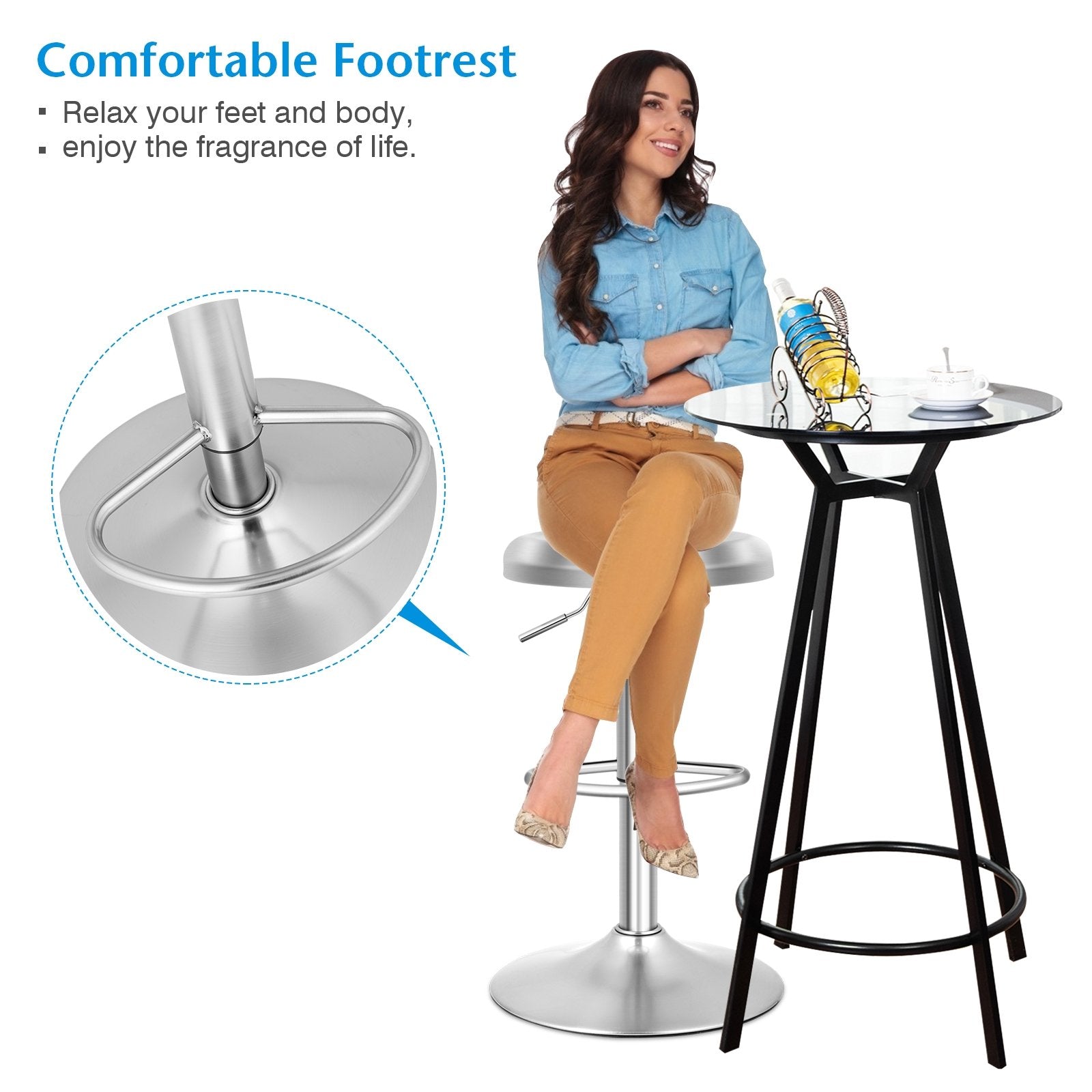 Modern Swivel Adjustable Height Bar Stool with Footrest for Pub Bistro Kitchen Dining-1 Piece, Silver Bar Stools   at Gallery Canada