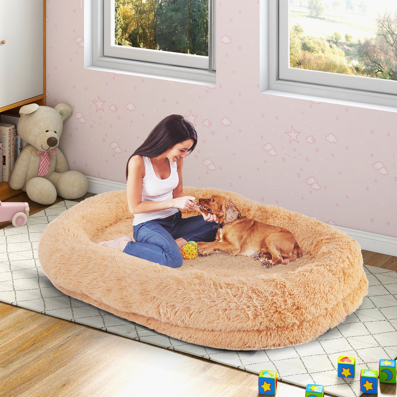 Washable Fluffy Human Dog Bed with Soft Blanket and Plump Pillow, Brown Dog Supplies   at Gallery Canada