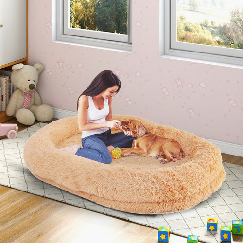 Washable Fluffy Human Dog Bed with Soft Blanket and Plump Pillow, Brown