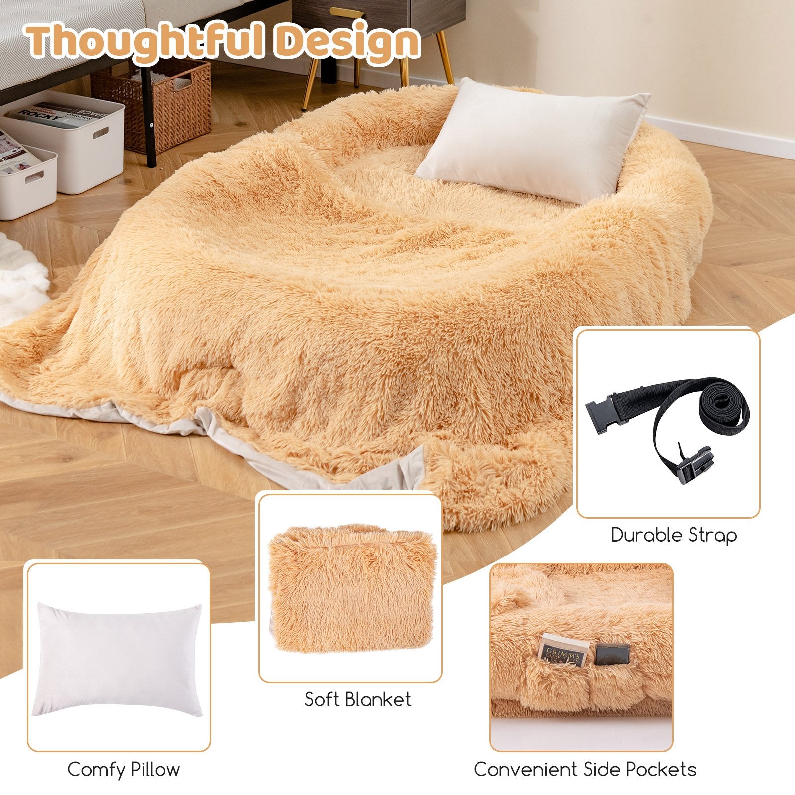 Washable Fluffy Human Dog Bed with Soft Blanket and Plump Pillow, Brown Dog Supplies   at Gallery Canada