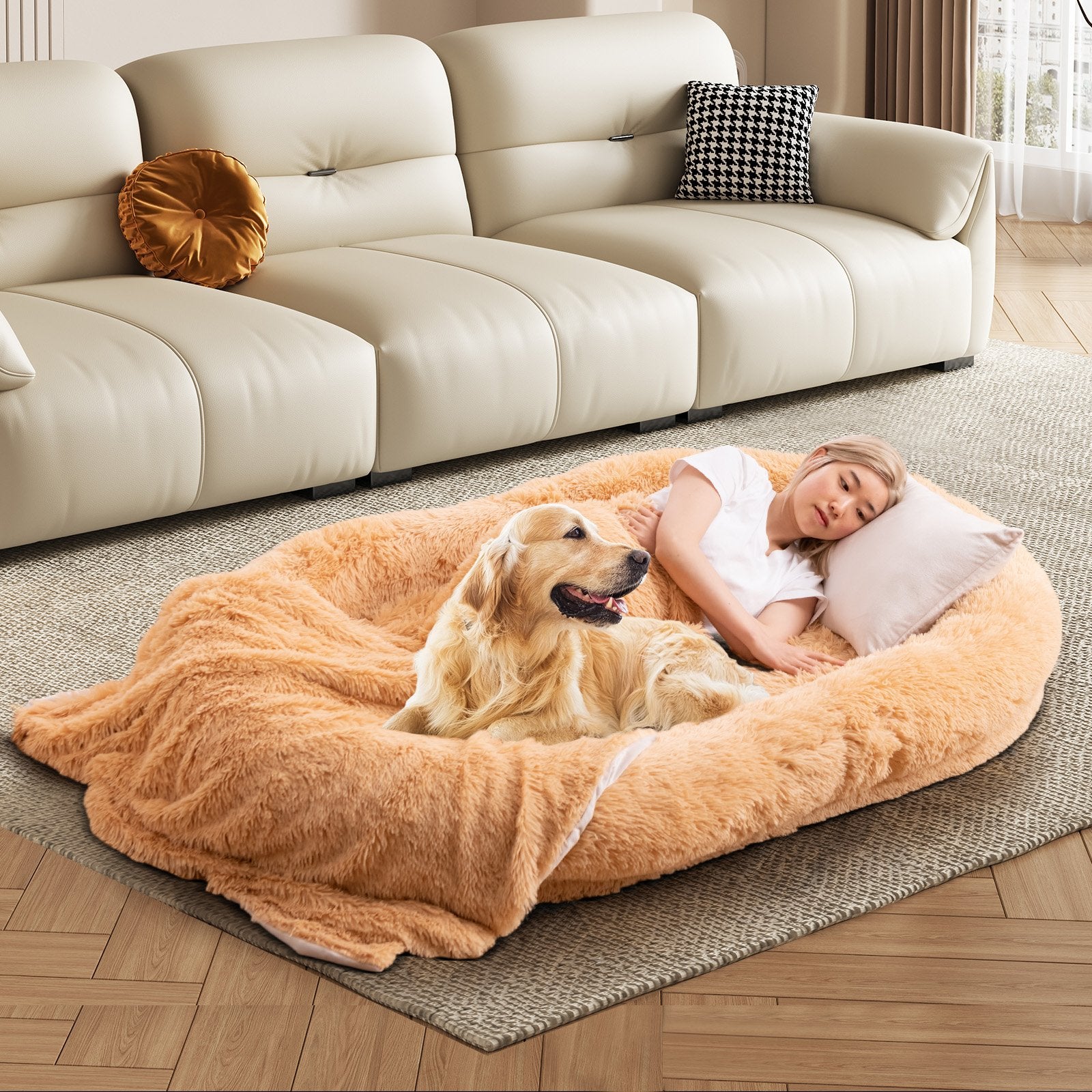 Washable Fluffy Human Dog Bed with Soft Blanket and Plump Pillow, Brown Dog Supplies   at Gallery Canada