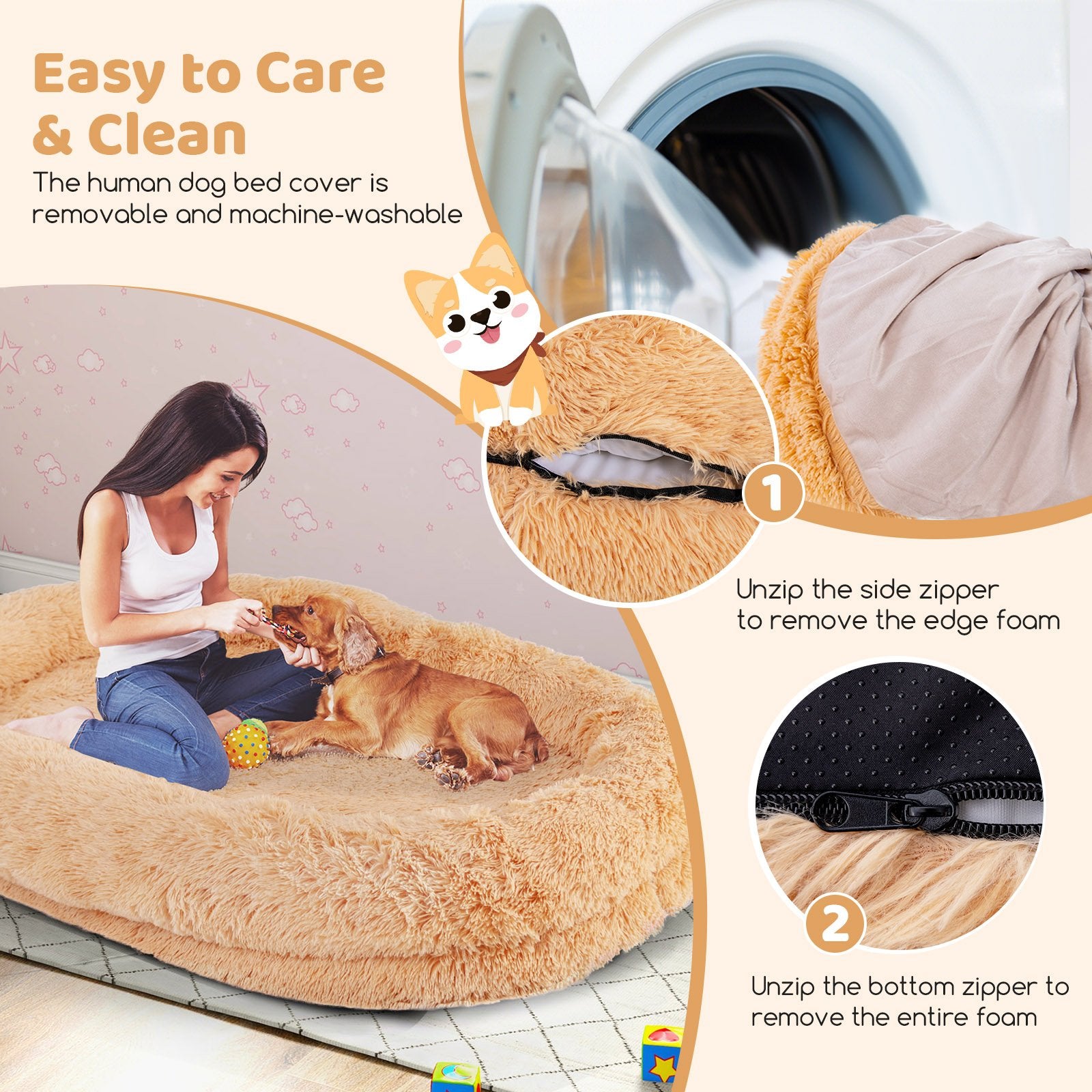 Washable Fluffy Human Dog Bed with Soft Blanket and Plump Pillow, Brown Dog Supplies   at Gallery Canada